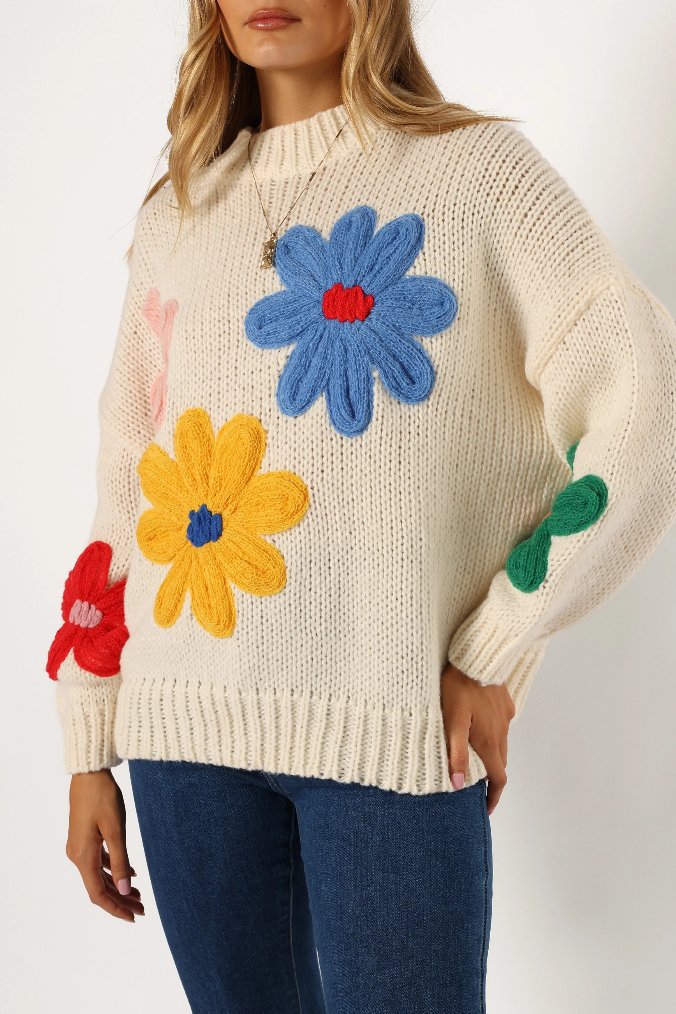 Alanna Flower Detail Knit Sweater - Cream