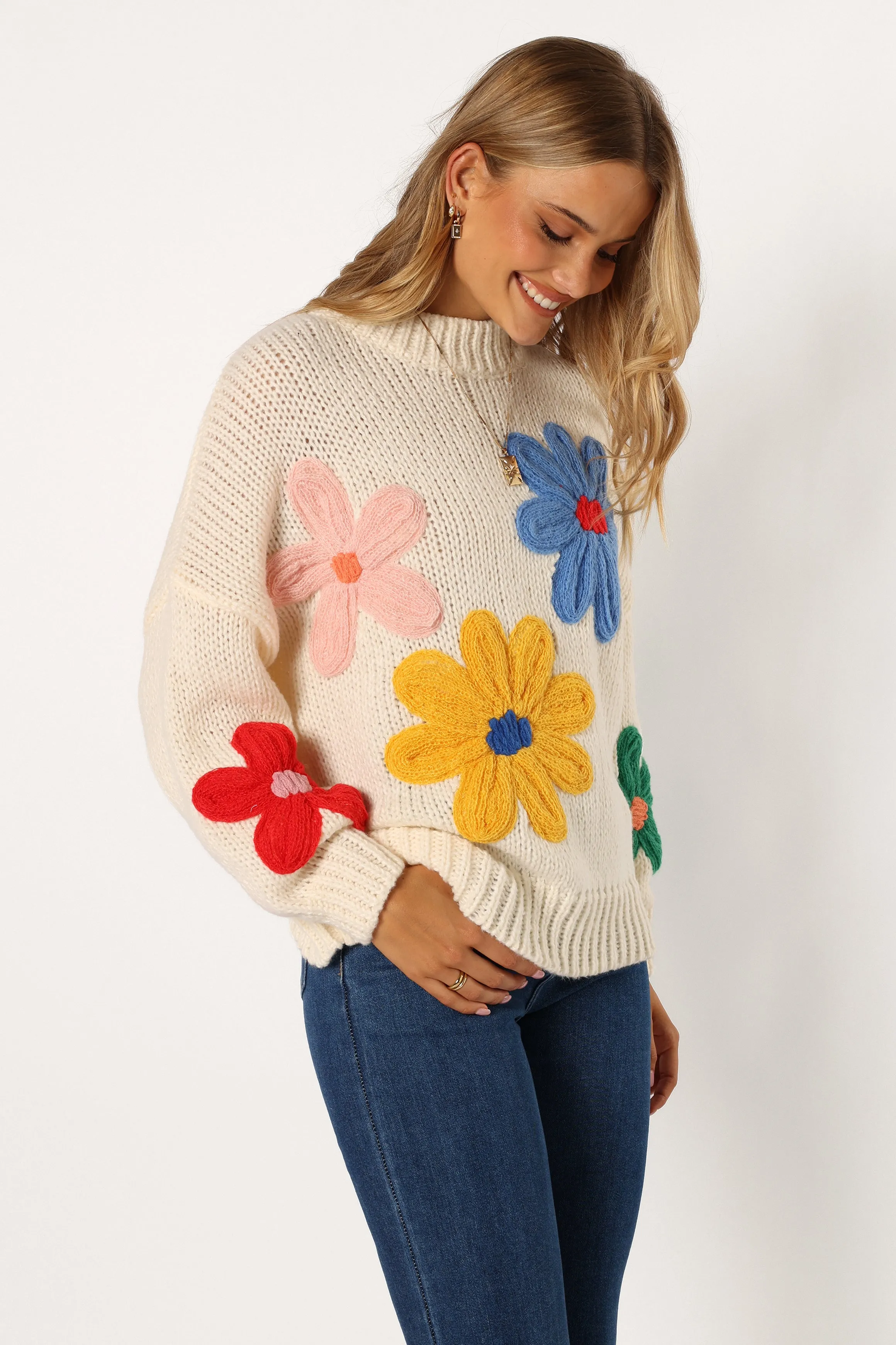Alanna Flower Detail Knit Sweater - Cream