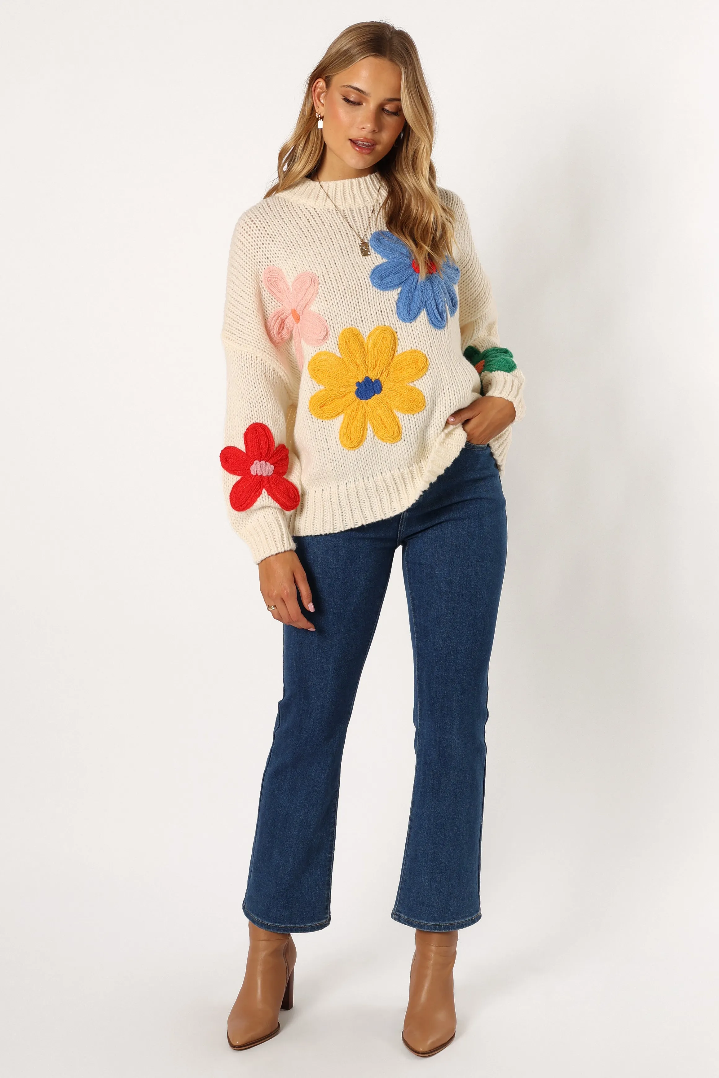 Alanna Flower Detail Knit Sweater - Cream