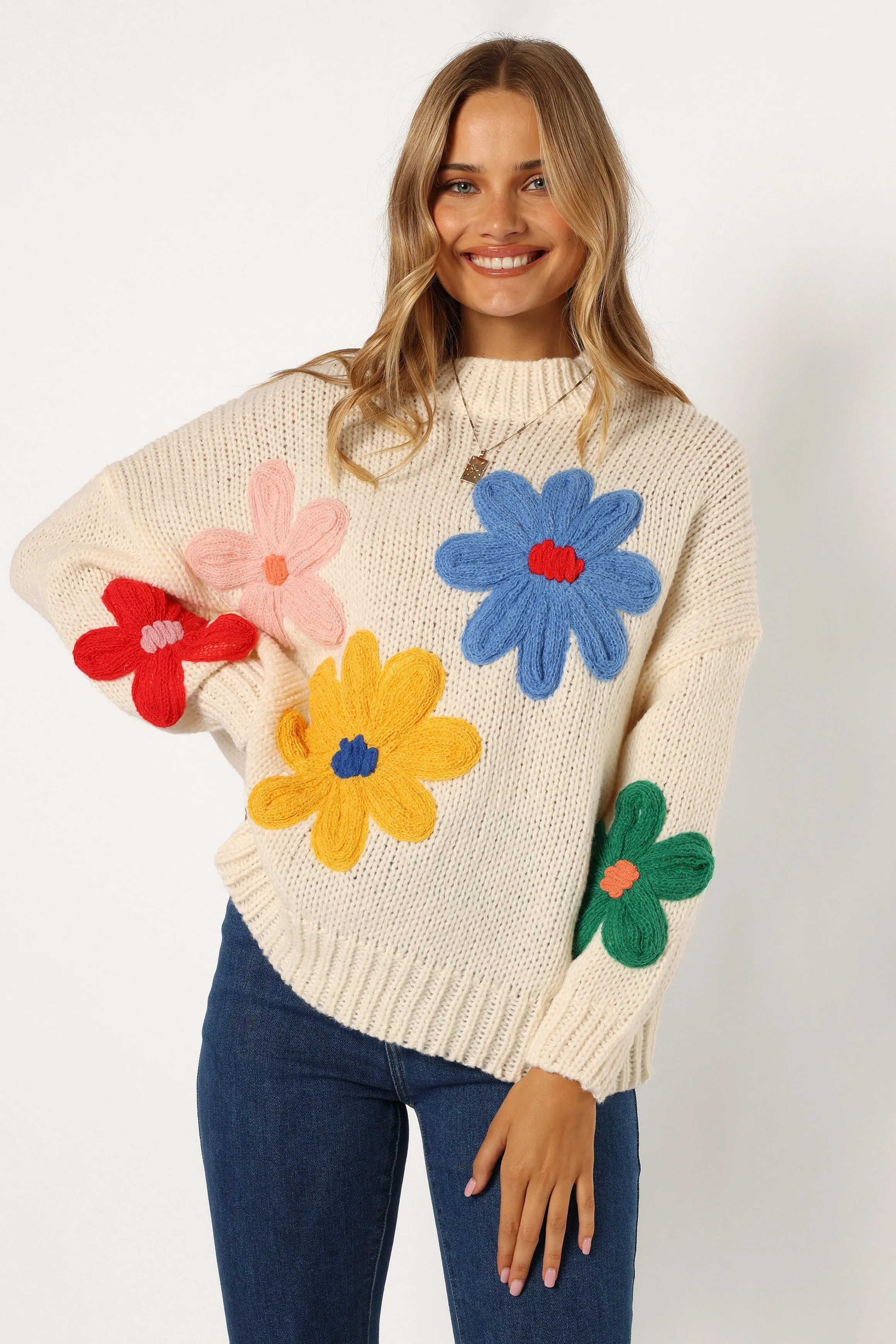 Alanna Flower Detail Knit Sweater - Cream