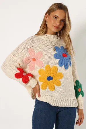 Alanna Flower Detail Knit Sweater - Cream