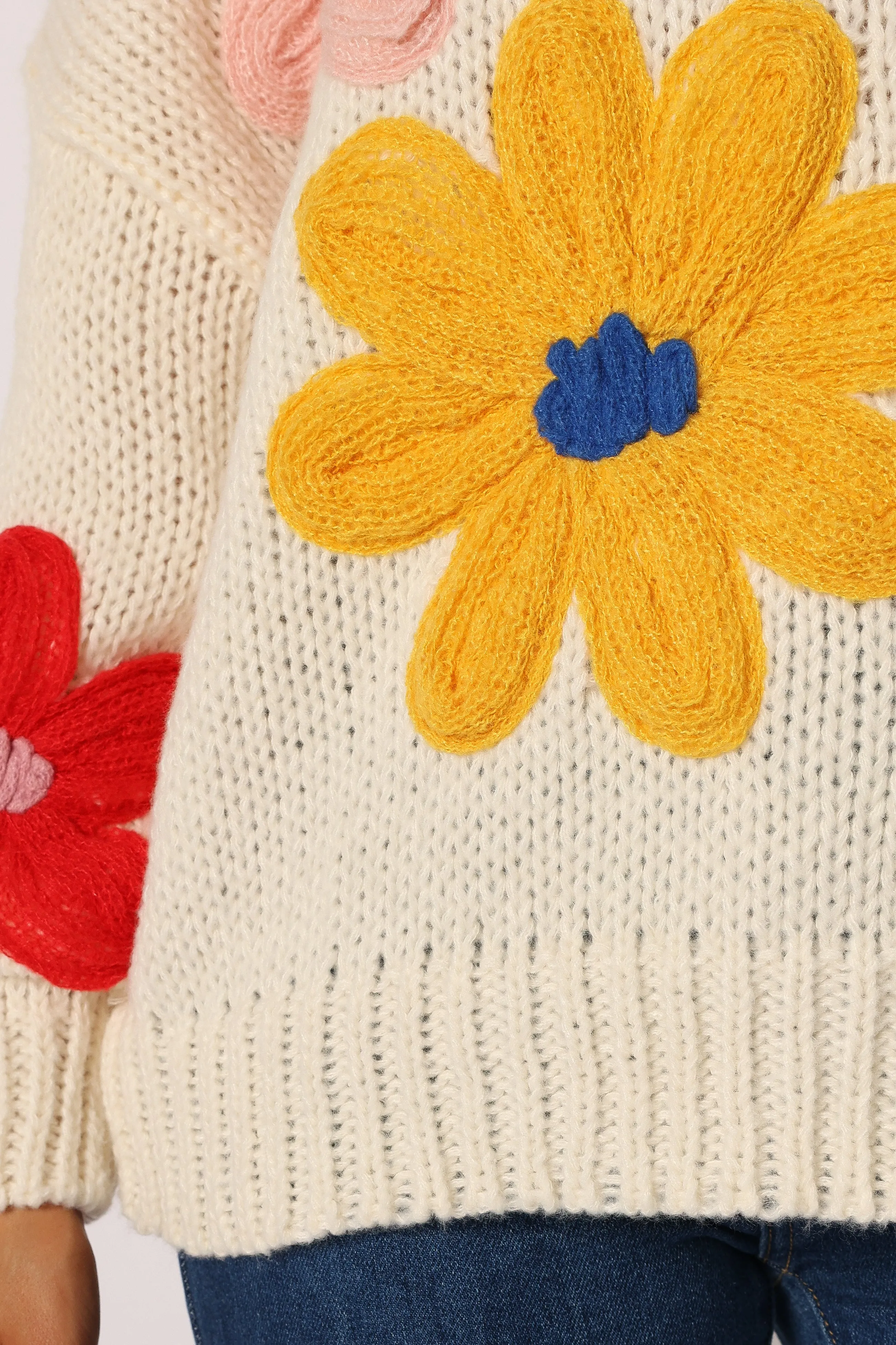 Alanna Flower Detail Knit Sweater - Cream