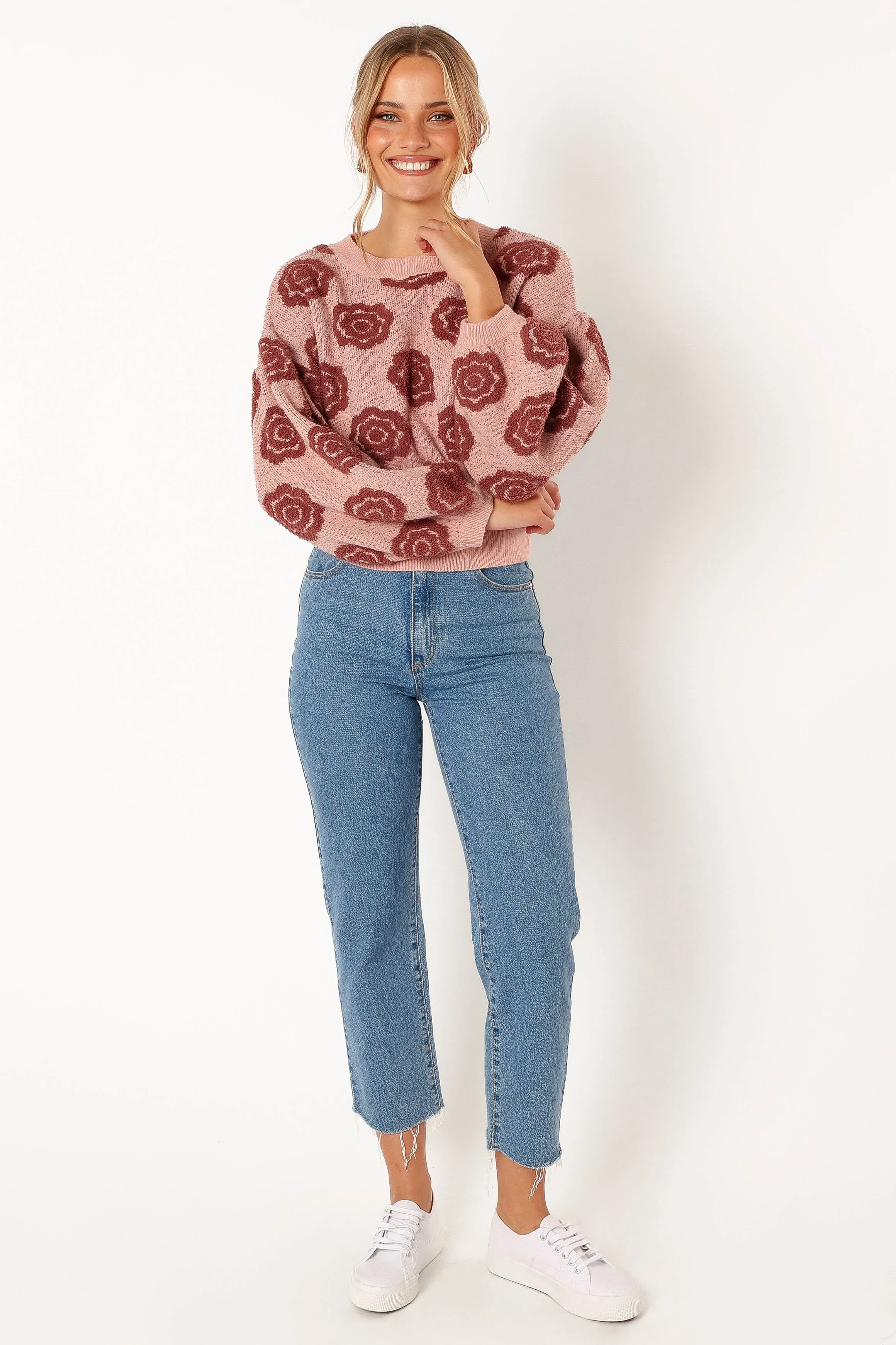 Amara Crewneck Rose Detail Knit Sweater - Mauve