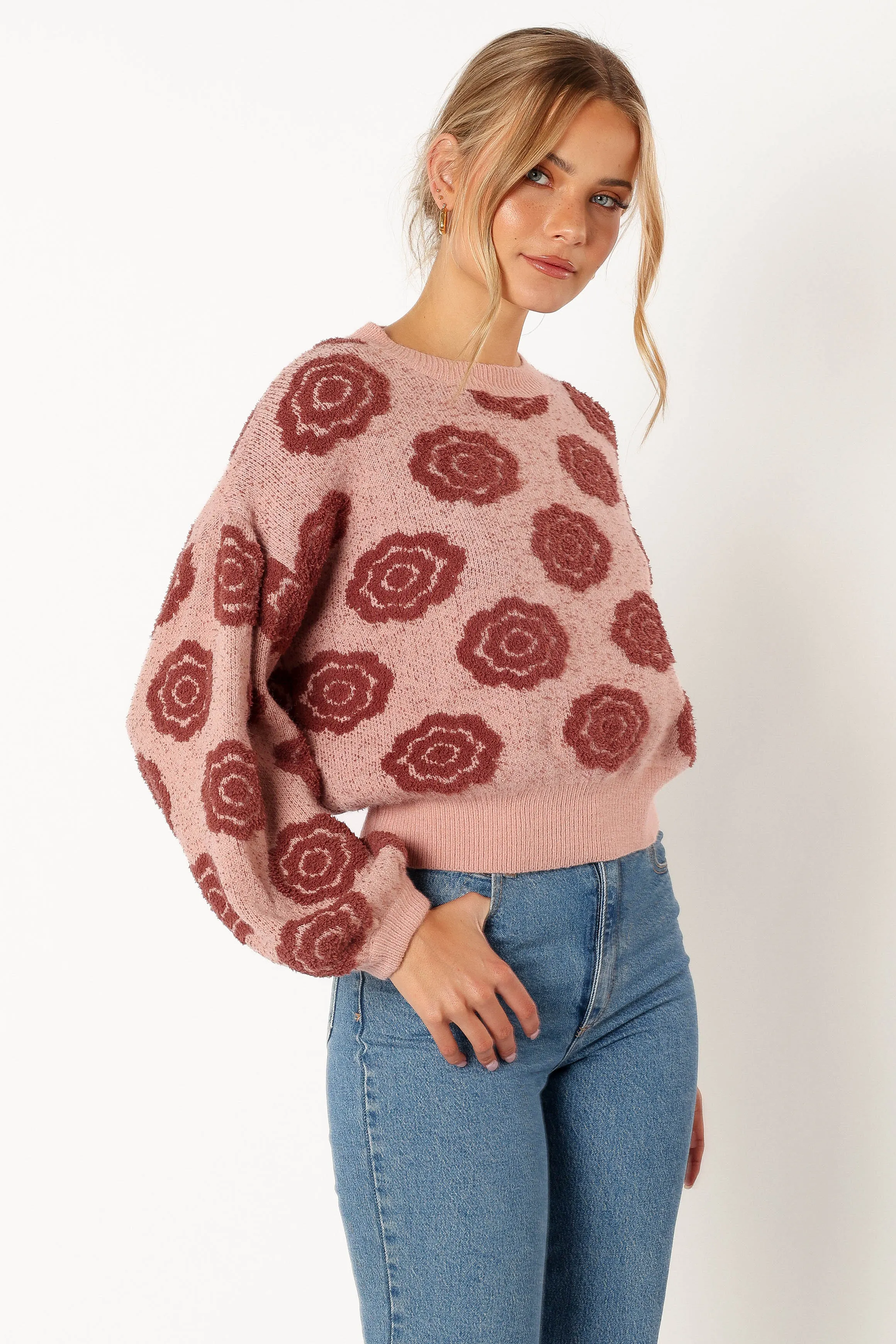 Amara Crewneck Rose Detail Knit Sweater - Mauve