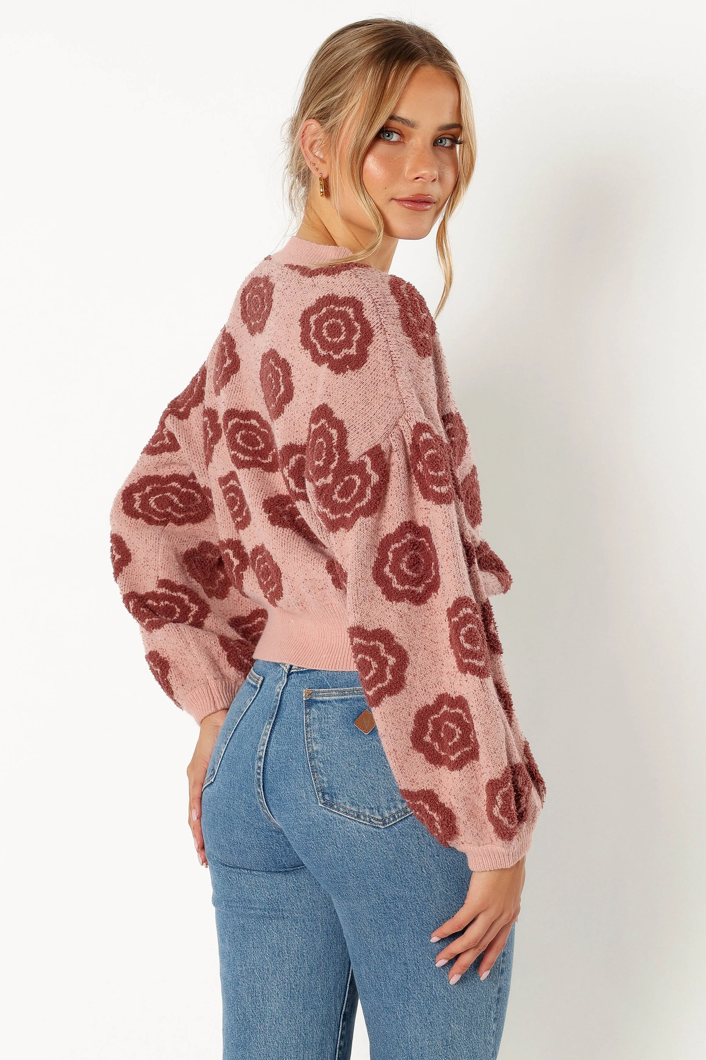 Amara Crewneck Rose Detail Knit Sweater - Mauve