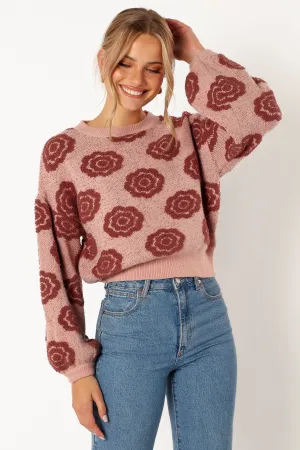Amara Crewneck Rose Detail Knit Sweater - Mauve