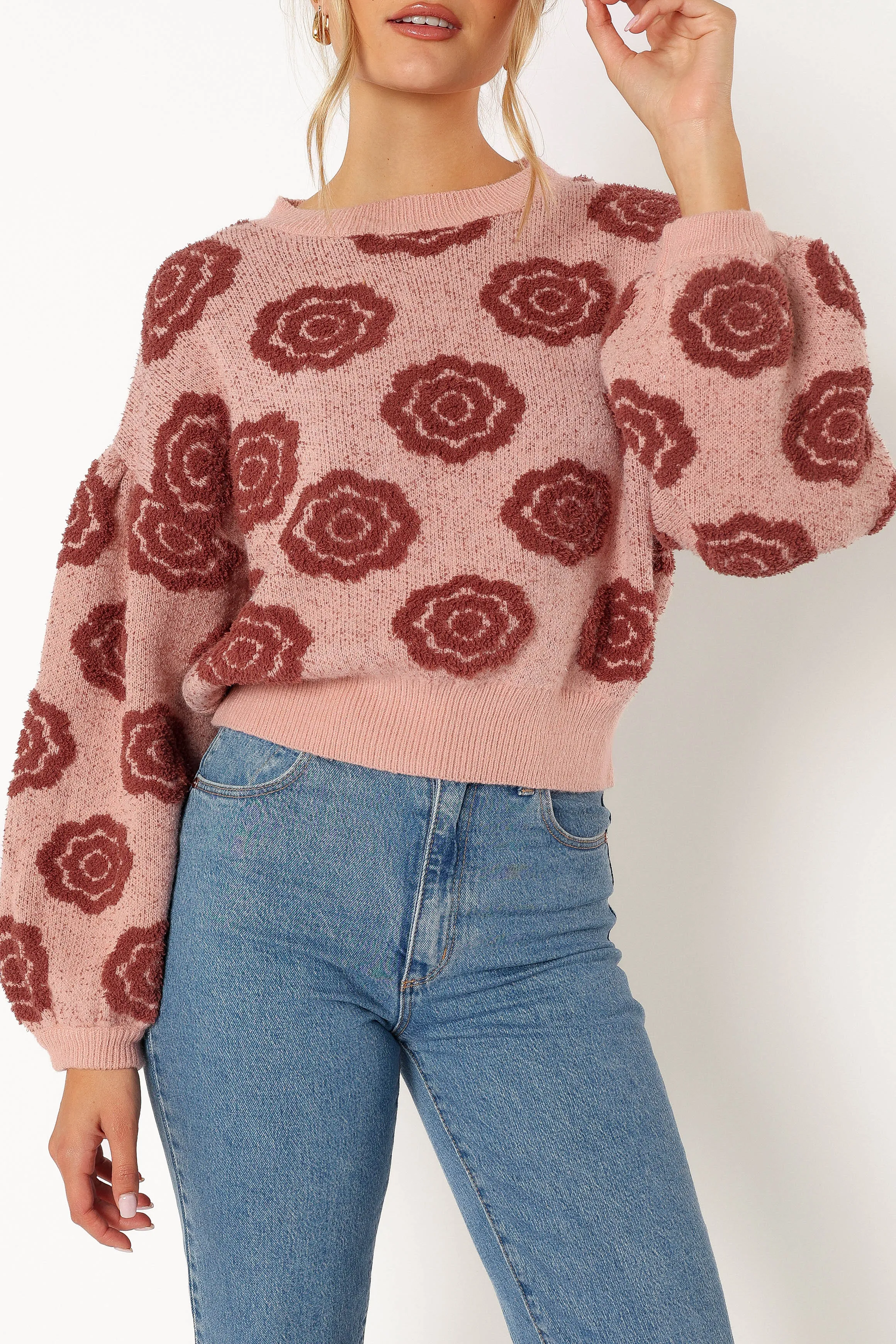 Amara Crewneck Rose Detail Knit Sweater - Mauve