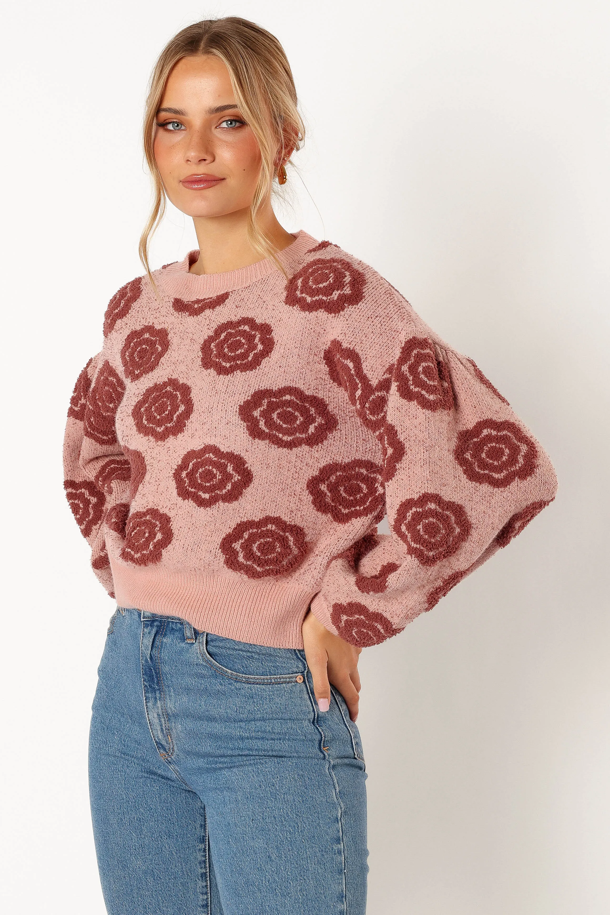 Amara Crewneck Rose Detail Knit Sweater - Mauve