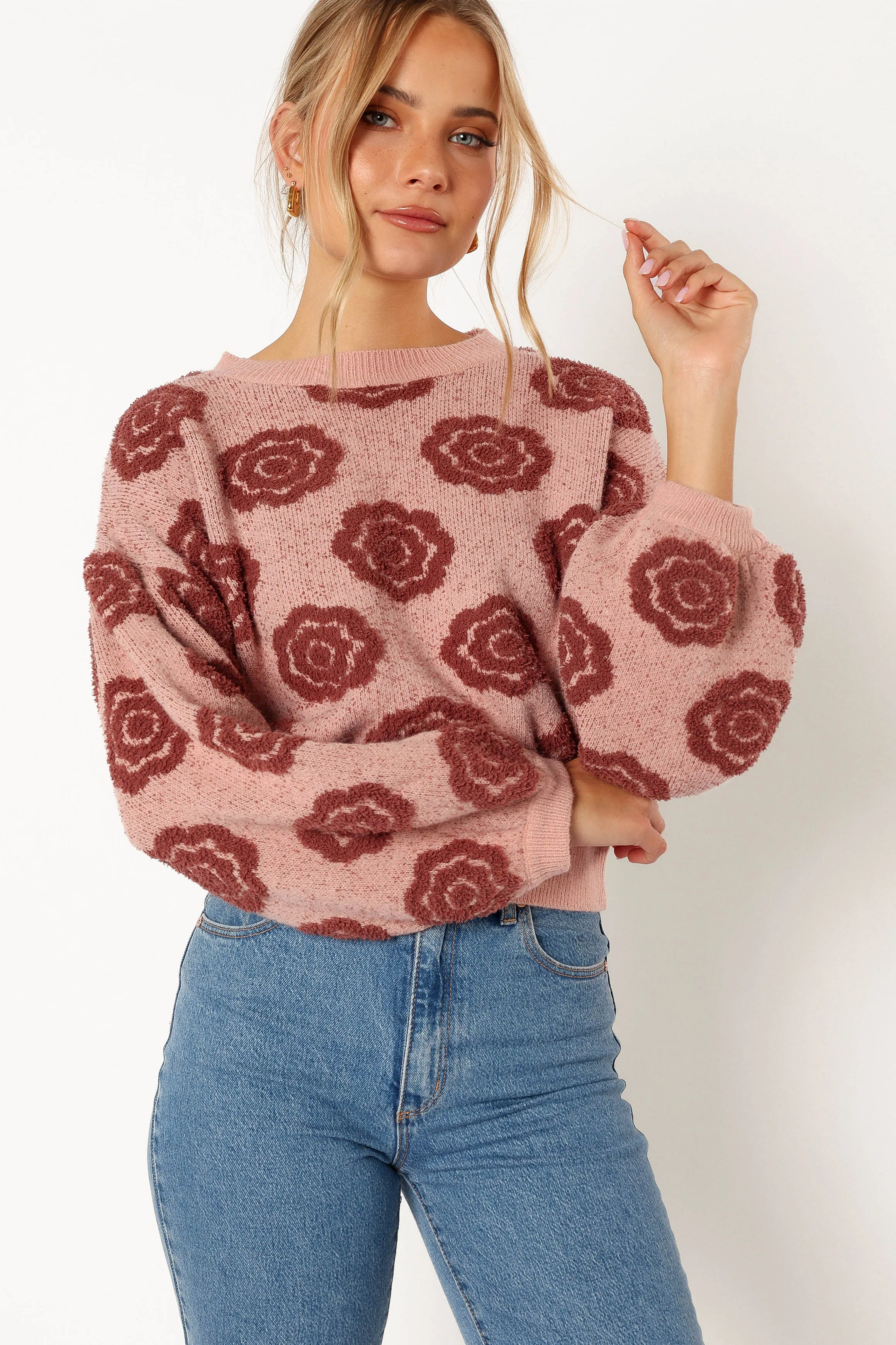 Amara Crewneck Rose Detail Knit Sweater - Mauve