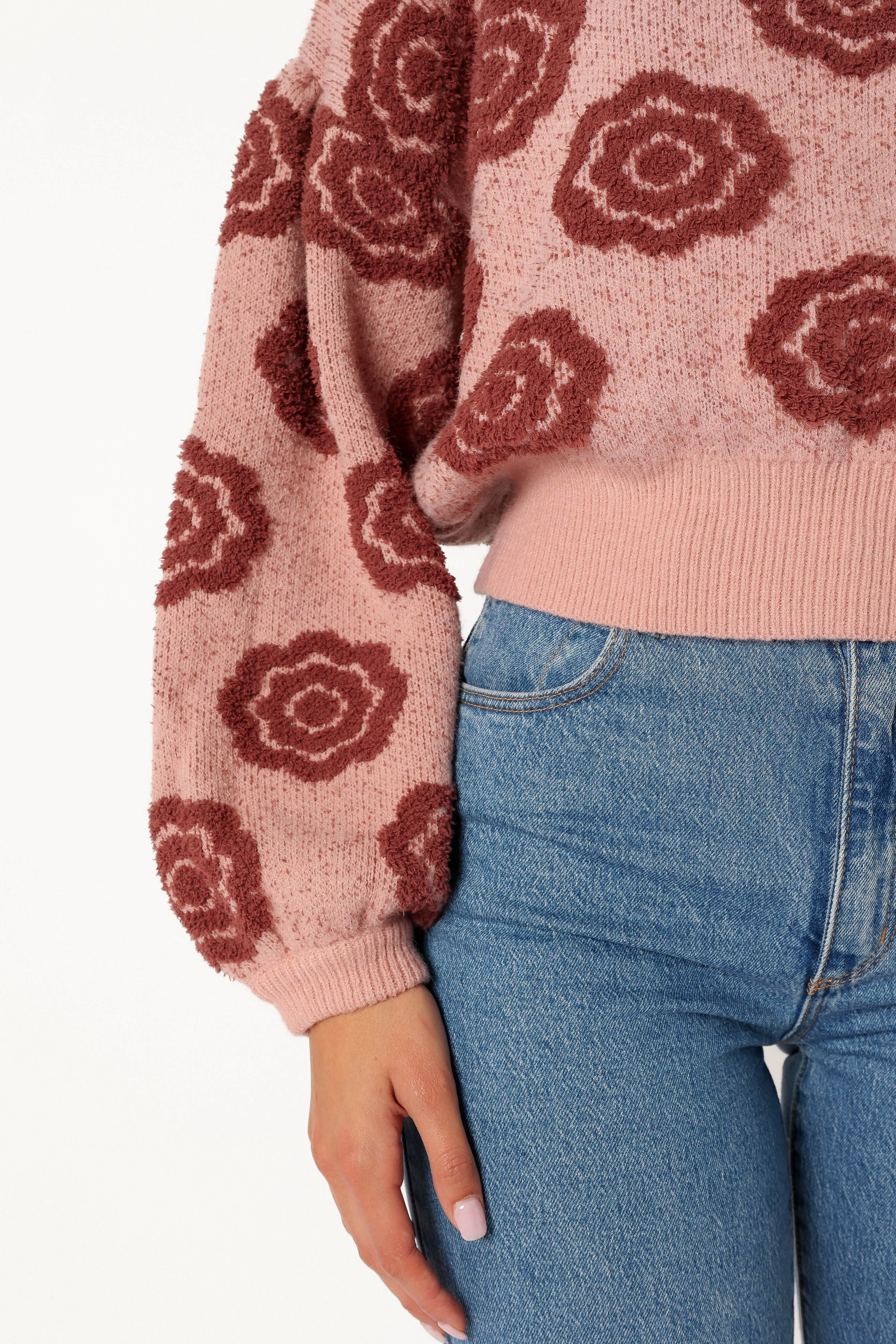 Amara Crewneck Rose Detail Knit Sweater - Mauve