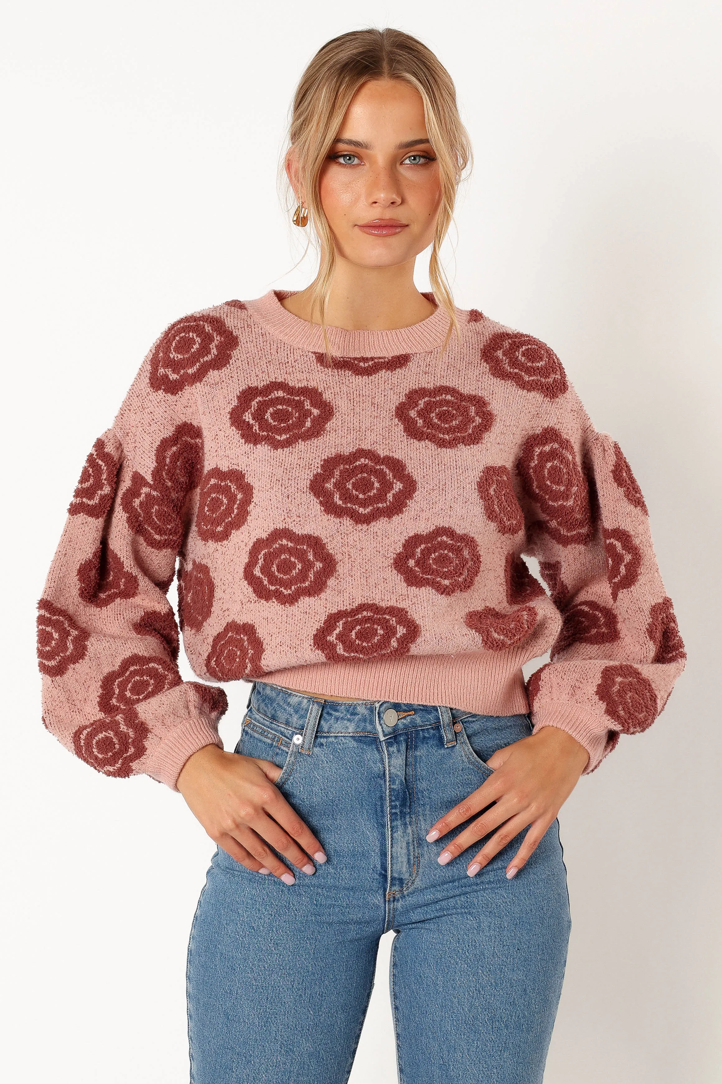 Amara Crewneck Rose Detail Knit Sweater - Mauve