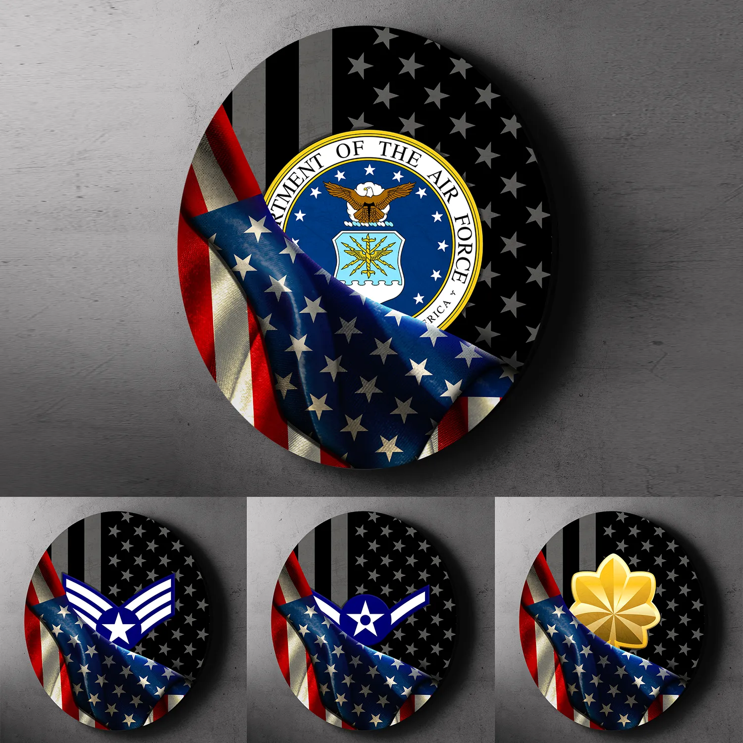 Custom Round Wood Sign, Half USA Flag With Military Ranks/Insignia