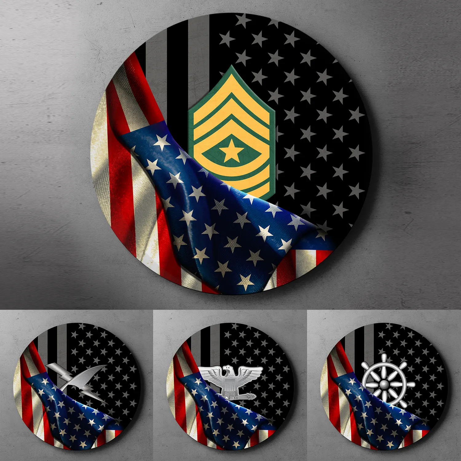 Custom Round Wood Sign, Half USA Flag With Military Ranks/Insignia