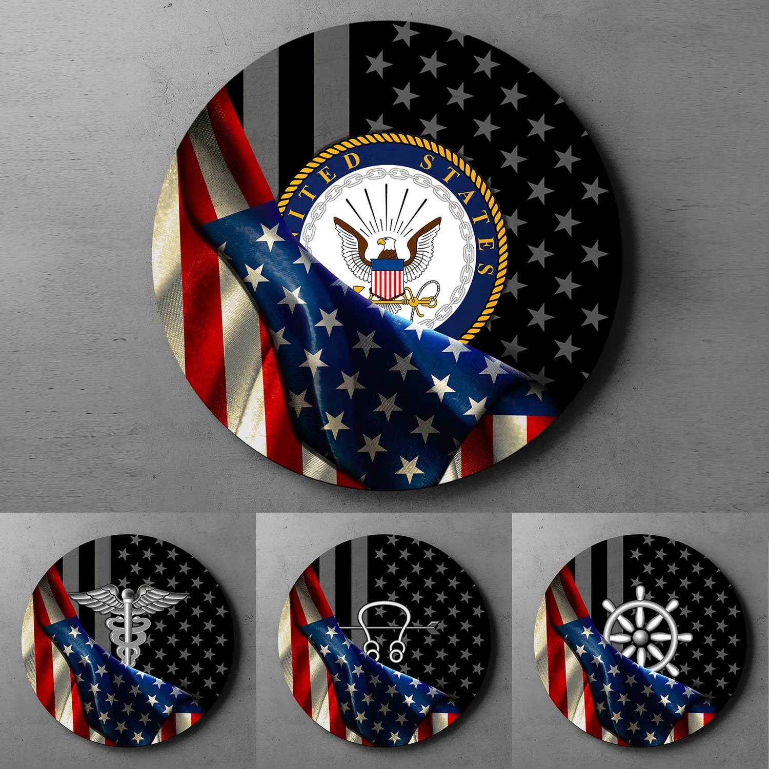 Custom Round Wood Sign, Half USA Flag With Military Ranks/Insignia