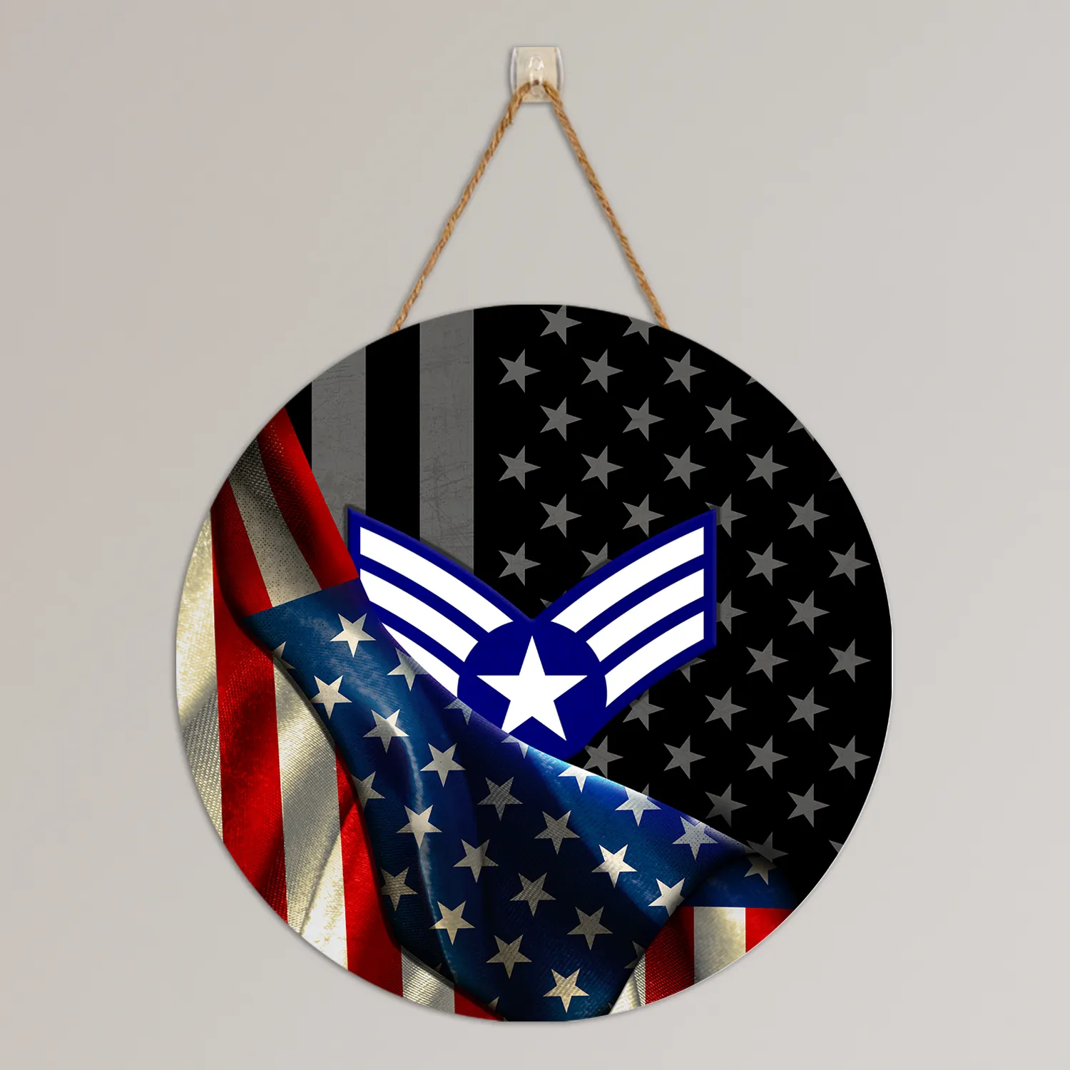 Custom Round Wood Sign, Half USA Flag With Military Ranks/Insignia
