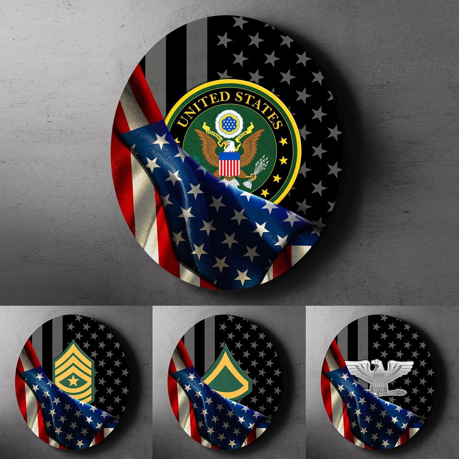 Custom Round Wood Sign, Half USA Flag With Military Ranks/Insignia