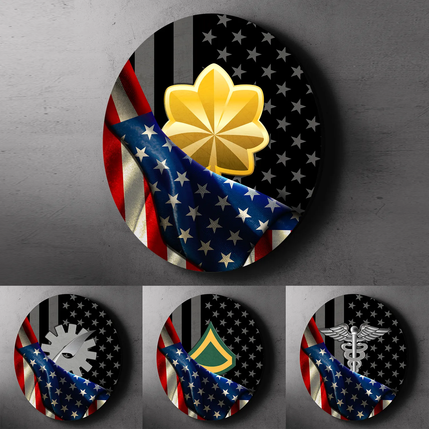 Custom Round Wood Sign, Half USA Flag With Military Ranks/Insignia