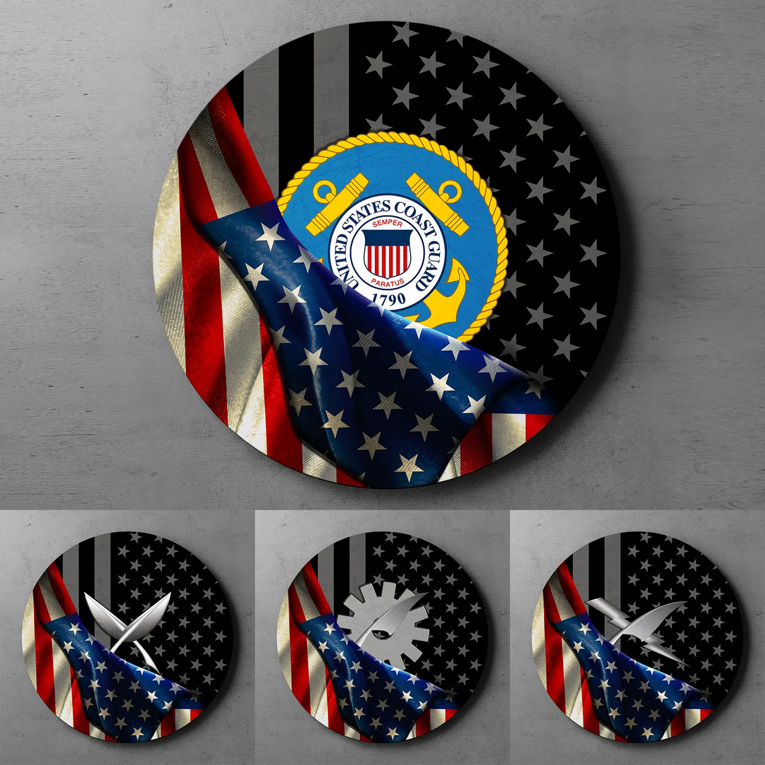 Custom Round Wood Sign, Half USA Flag With Military Ranks/Insignia