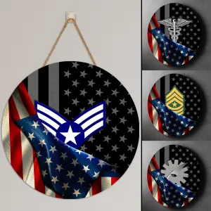 Custom Round Wood Sign, Half USA Flag With Military Ranks/Insignia