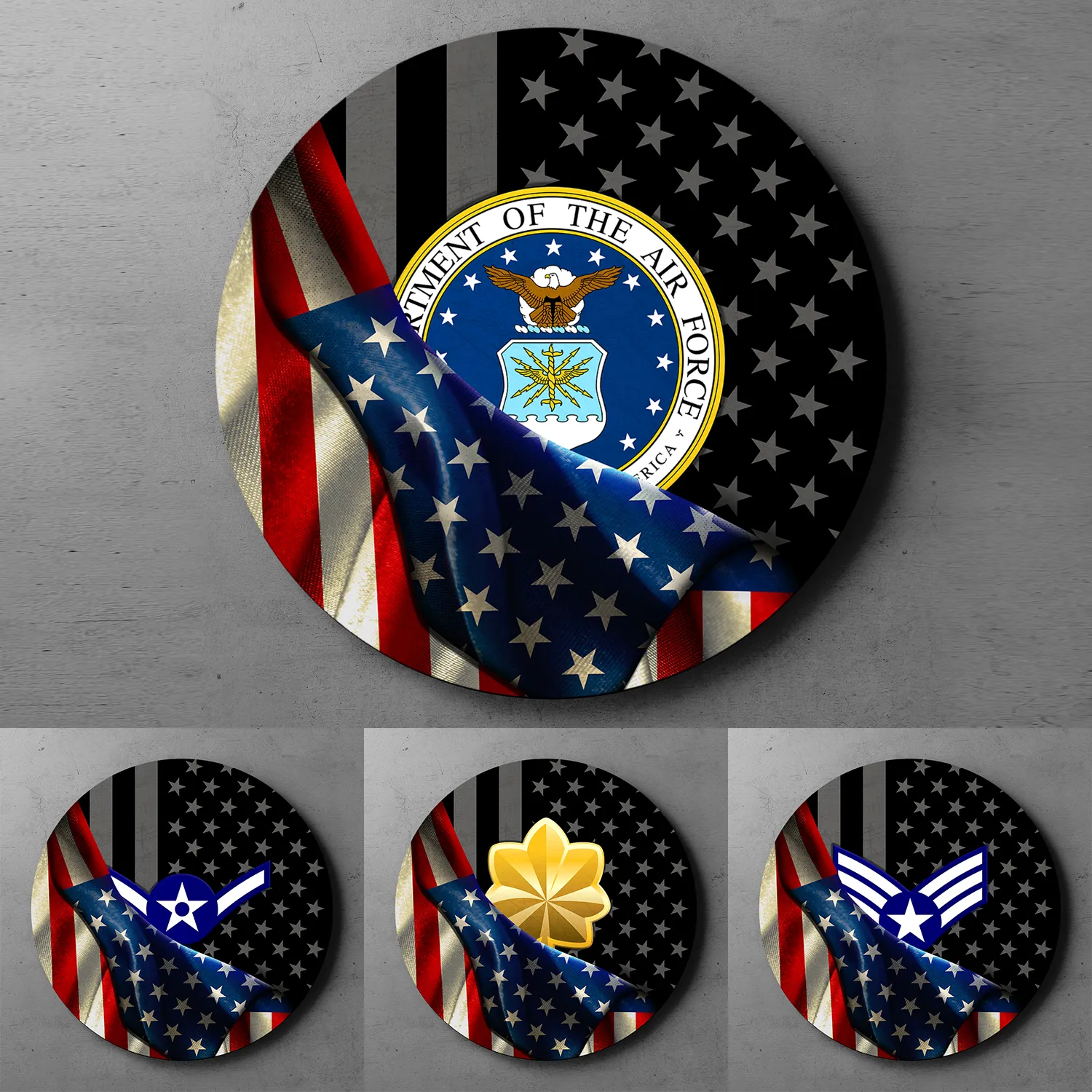 Custom Round Wood Sign, Half USA Flag With Military Ranks/Insignia