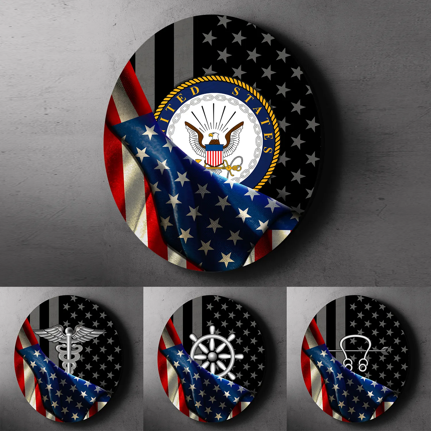Custom Round Wood Sign, Half USA Flag With Military Ranks/Insignia
