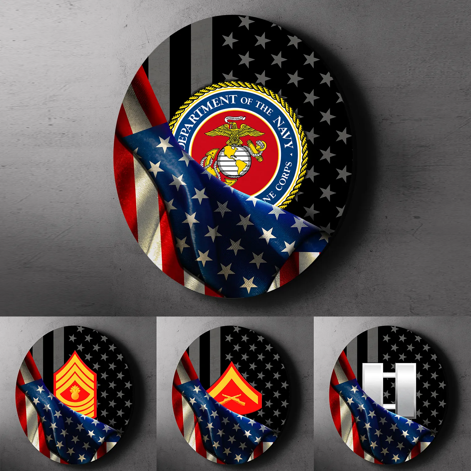 Custom Round Wood Sign, Half USA Flag With Military Ranks/Insignia