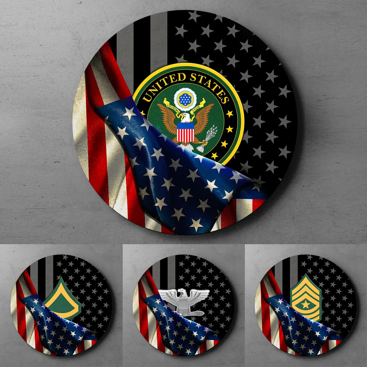 Custom Round Wood Sign, Half USA Flag With Military Ranks/Insignia