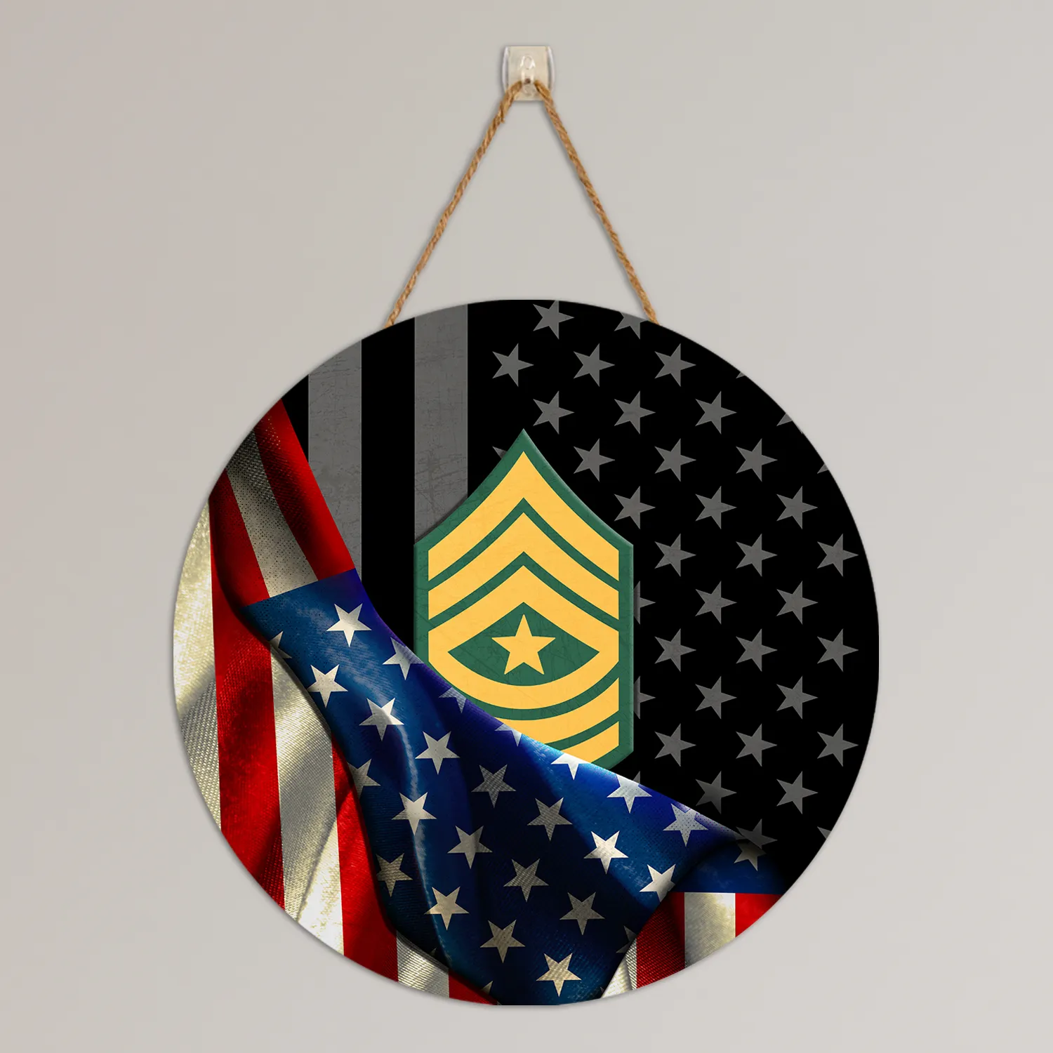 Custom Round Wood Sign, Half USA Flag With Military Ranks/Insignia