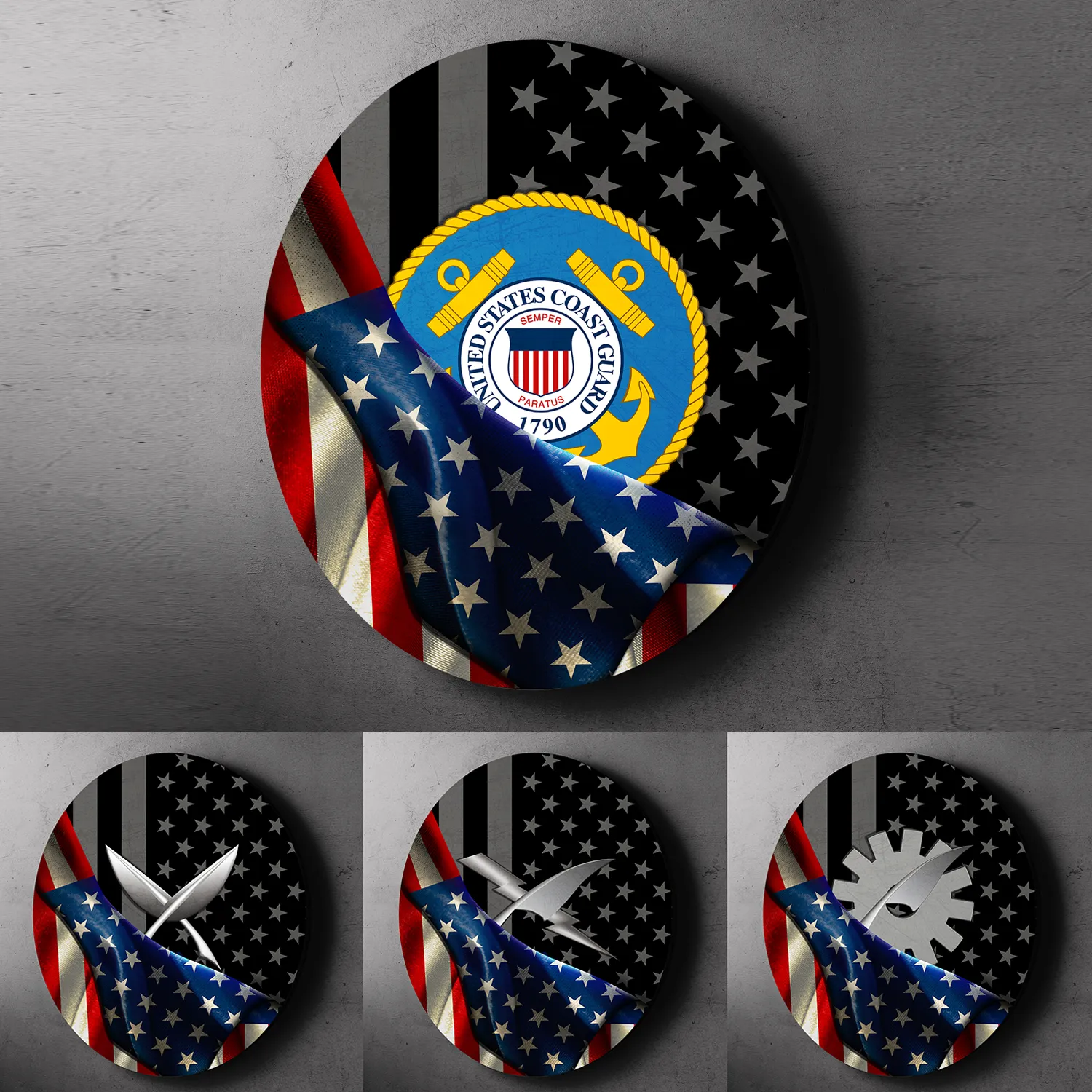 Custom Round Wood Sign, Half USA Flag With Military Ranks/Insignia