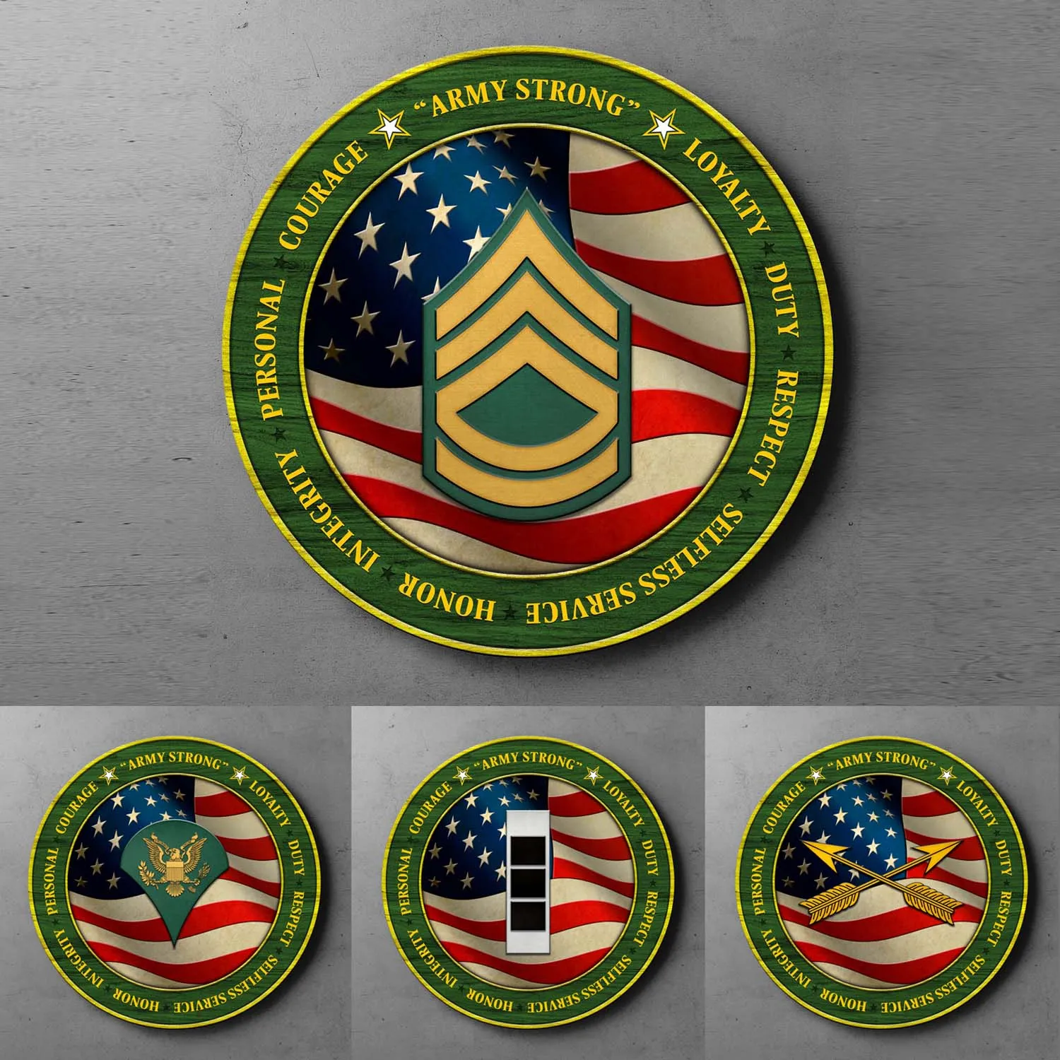 Custom Round Wood Sign, Military Mottos, Core Values With Military Ranks/Insignia