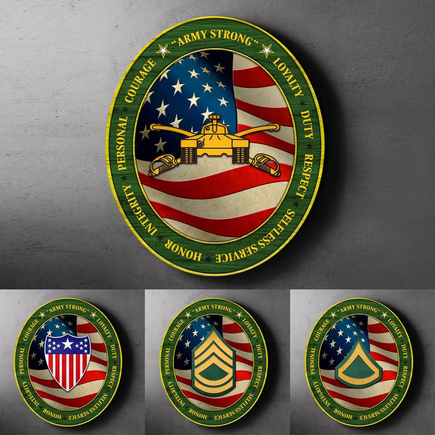 Custom Round Wood Sign, Military Mottos, Core Values With Military Ranks/Insignia
