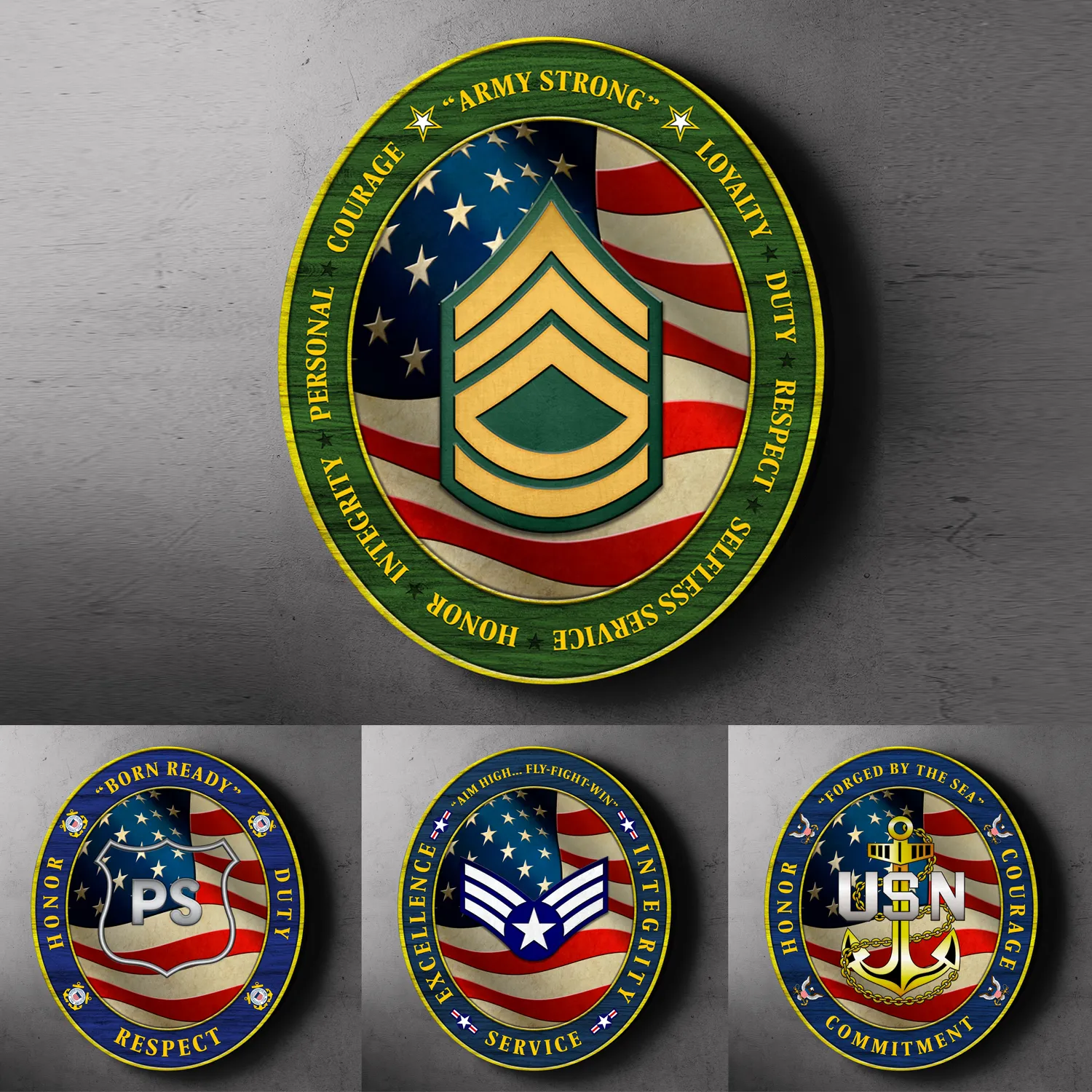 Custom Round Wood Sign, Military Mottos, Core Values With Military Ranks/Insignia