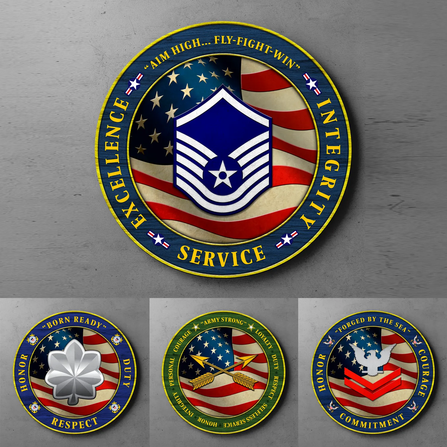 Custom Round Wood Sign, Military Mottos, Core Values With Military Ranks/Insignia