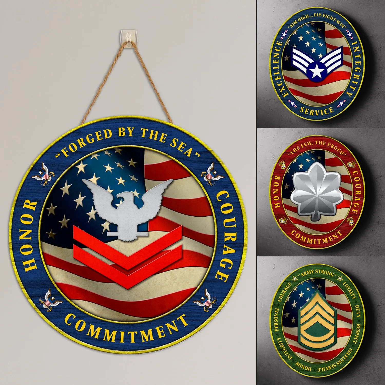 Custom Round Wood Sign, Military Mottos, Core Values With Military Ranks/Insignia