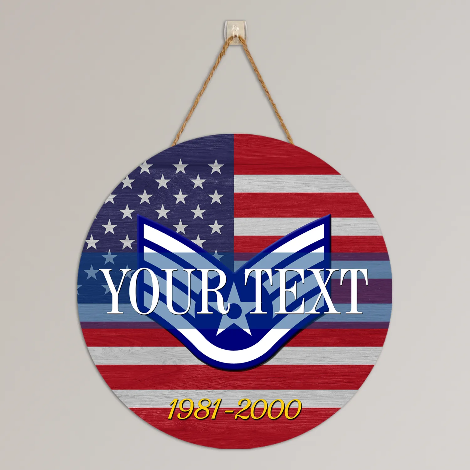 Custom Round Wood Sign, USA Flag With Military Ranks/Insignia - Personalized Name & Ranks