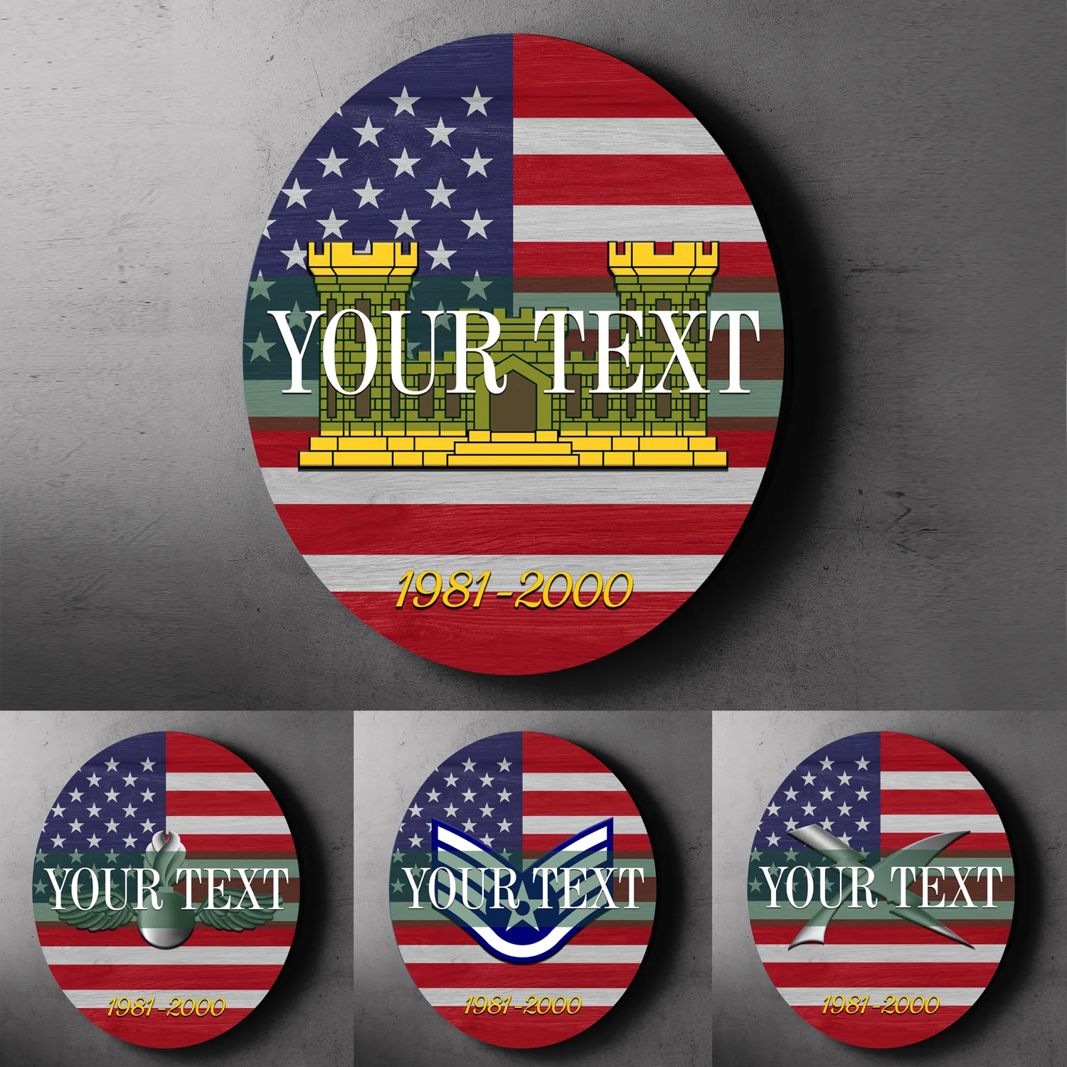Custom Round Wood Sign, USA Flag With Military Ranks/Insignia - Personalized Name & Ranks