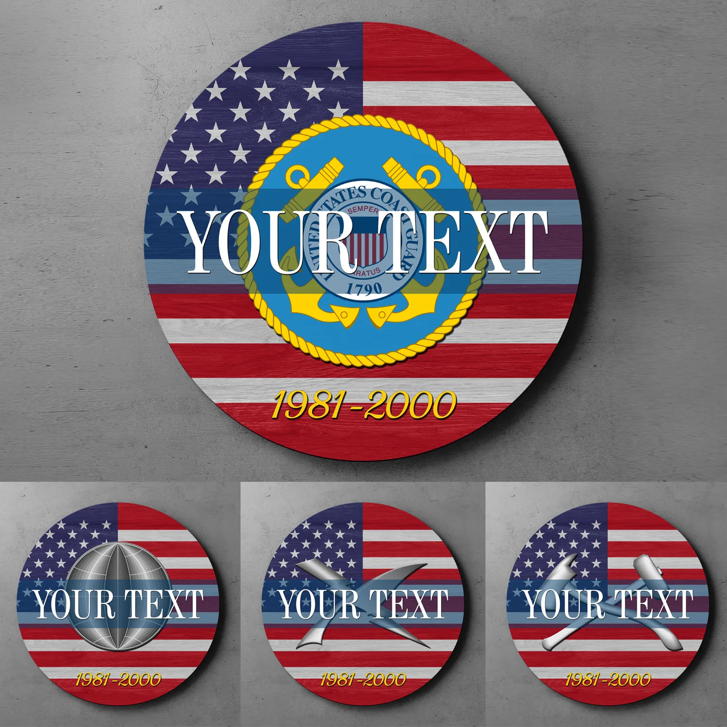 Custom Round Wood Sign, USA Flag With Military Ranks/Insignia - Personalized Name & Ranks