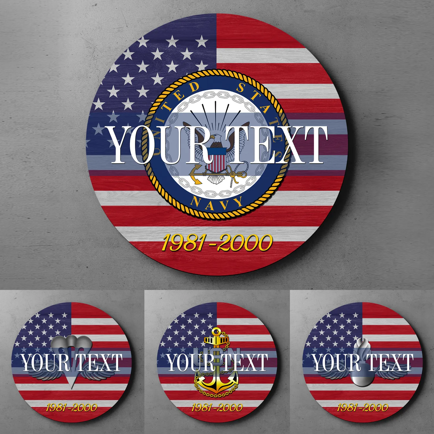 Custom Round Wood Sign, USA Flag With Military Ranks/Insignia - Personalized Name & Ranks