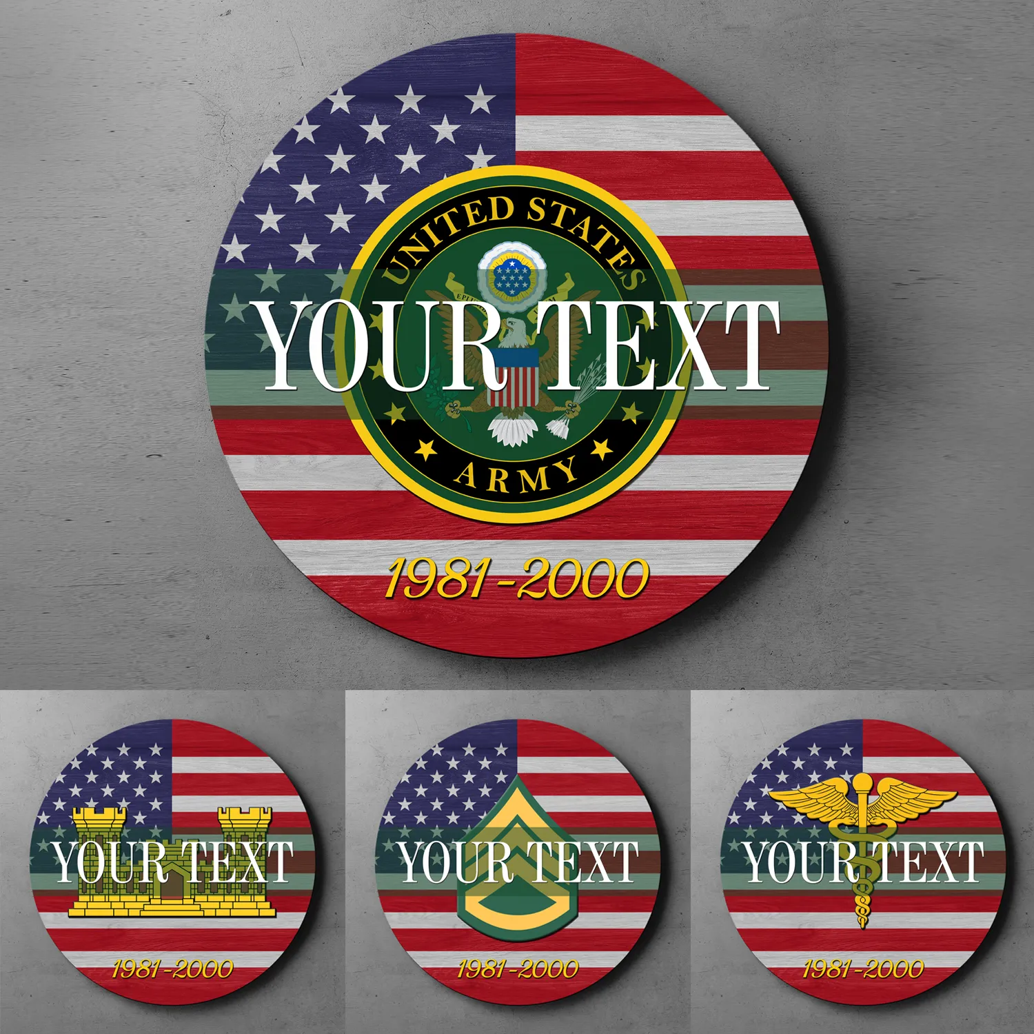 Custom Round Wood Sign, USA Flag With Military Ranks/Insignia - Personalized Name & Ranks