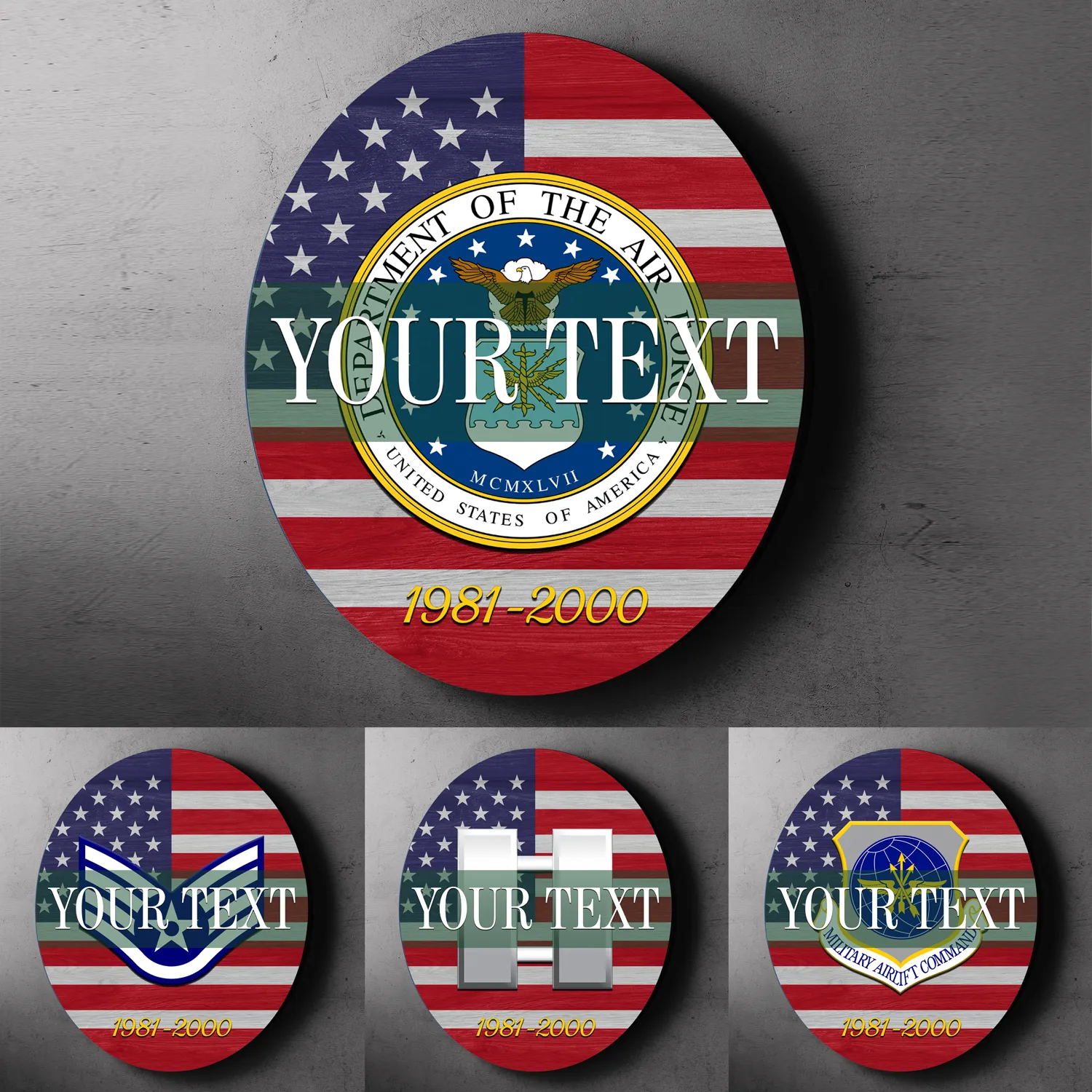 Custom Round Wood Sign, USA Flag With Military Ranks/Insignia - Personalized Name & Ranks