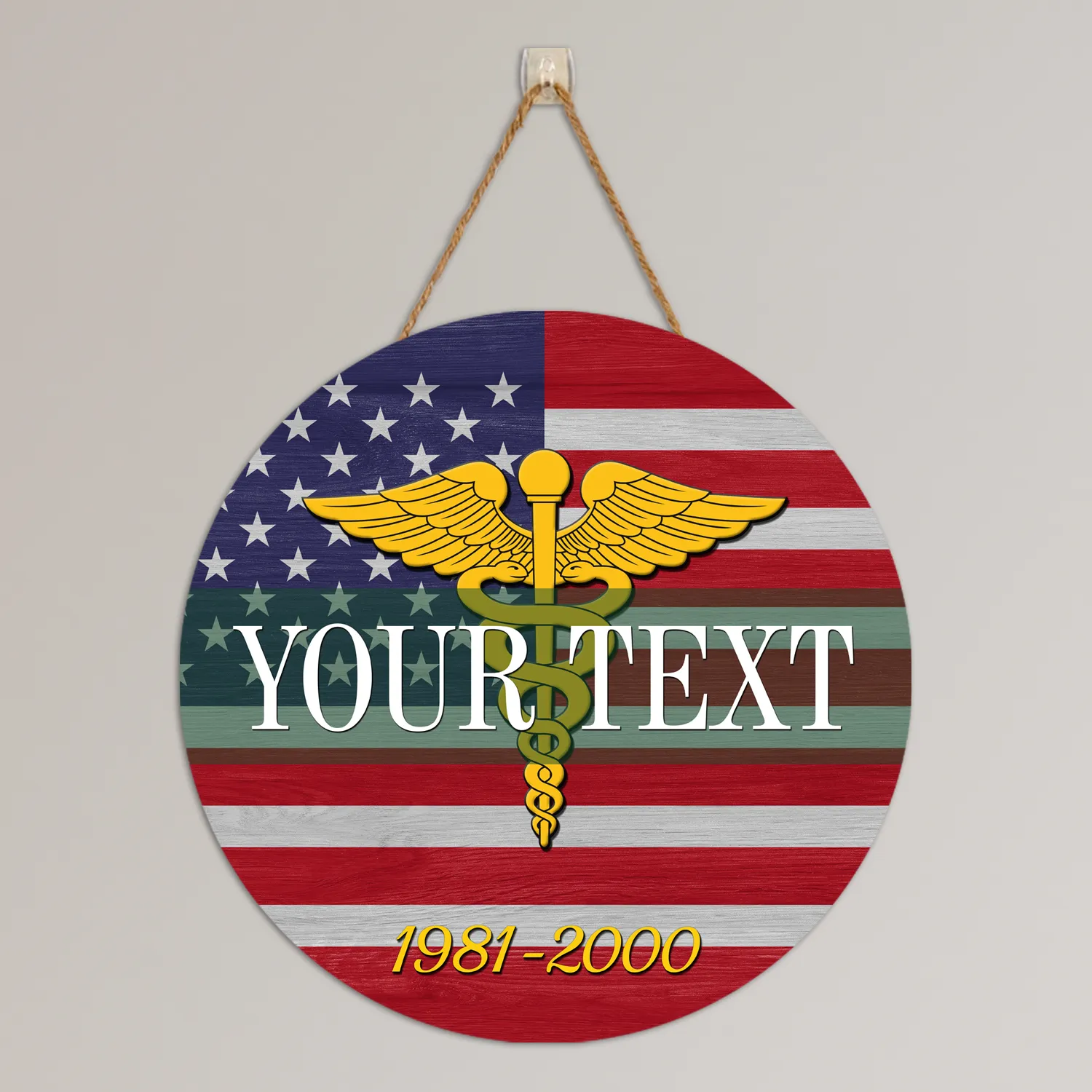 Custom Round Wood Sign, USA Flag With Military Ranks/Insignia - Personalized Name & Ranks