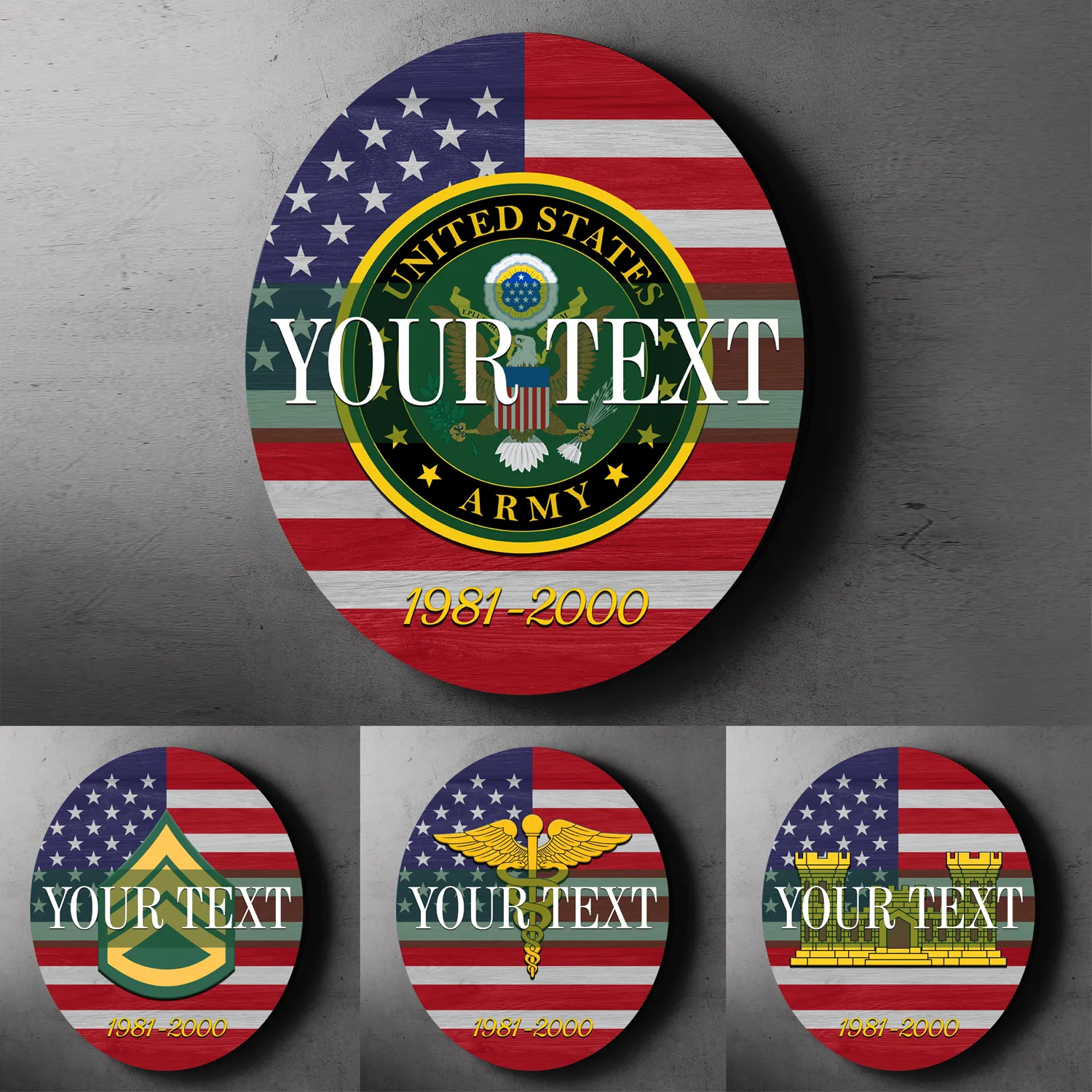 Custom Round Wood Sign, USA Flag With Military Ranks/Insignia - Personalized Name & Ranks