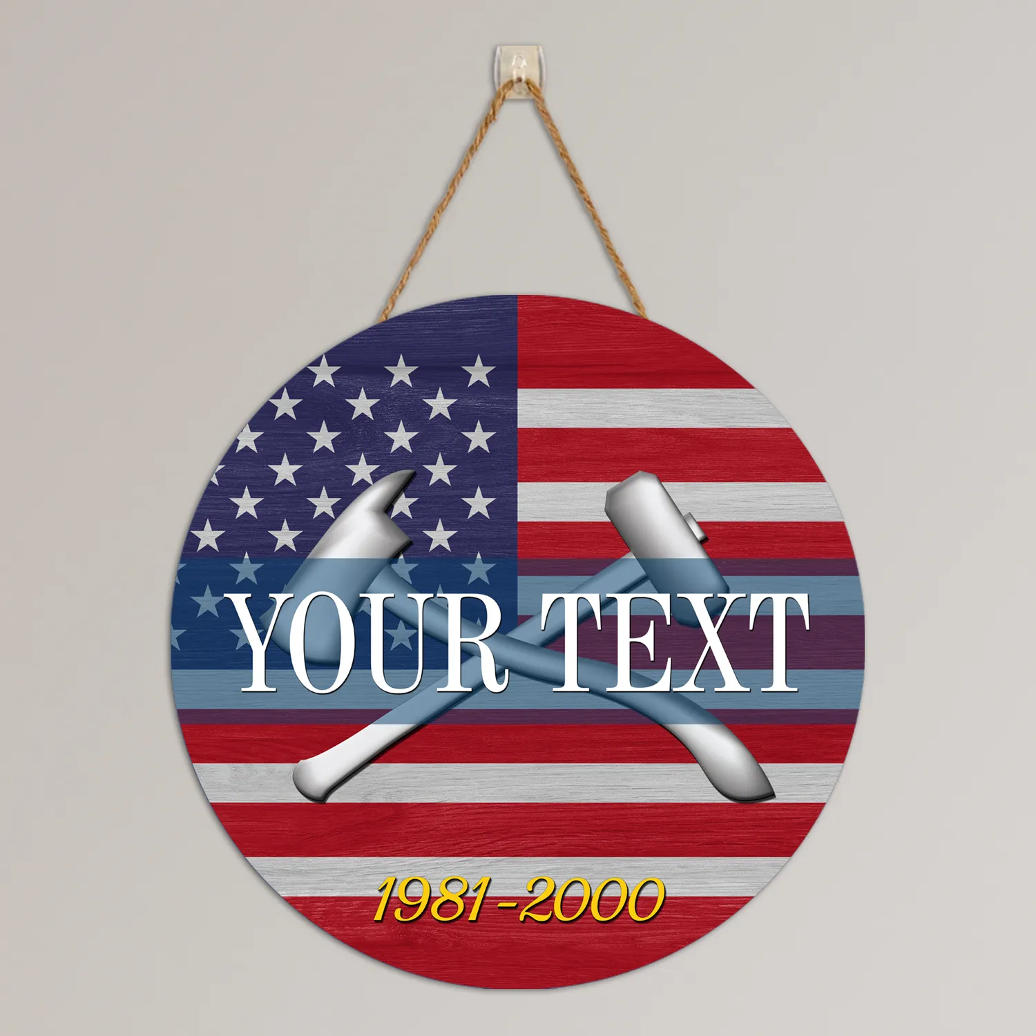 Custom Round Wood Sign, USA Flag With Military Ranks/Insignia - Personalized Name & Ranks