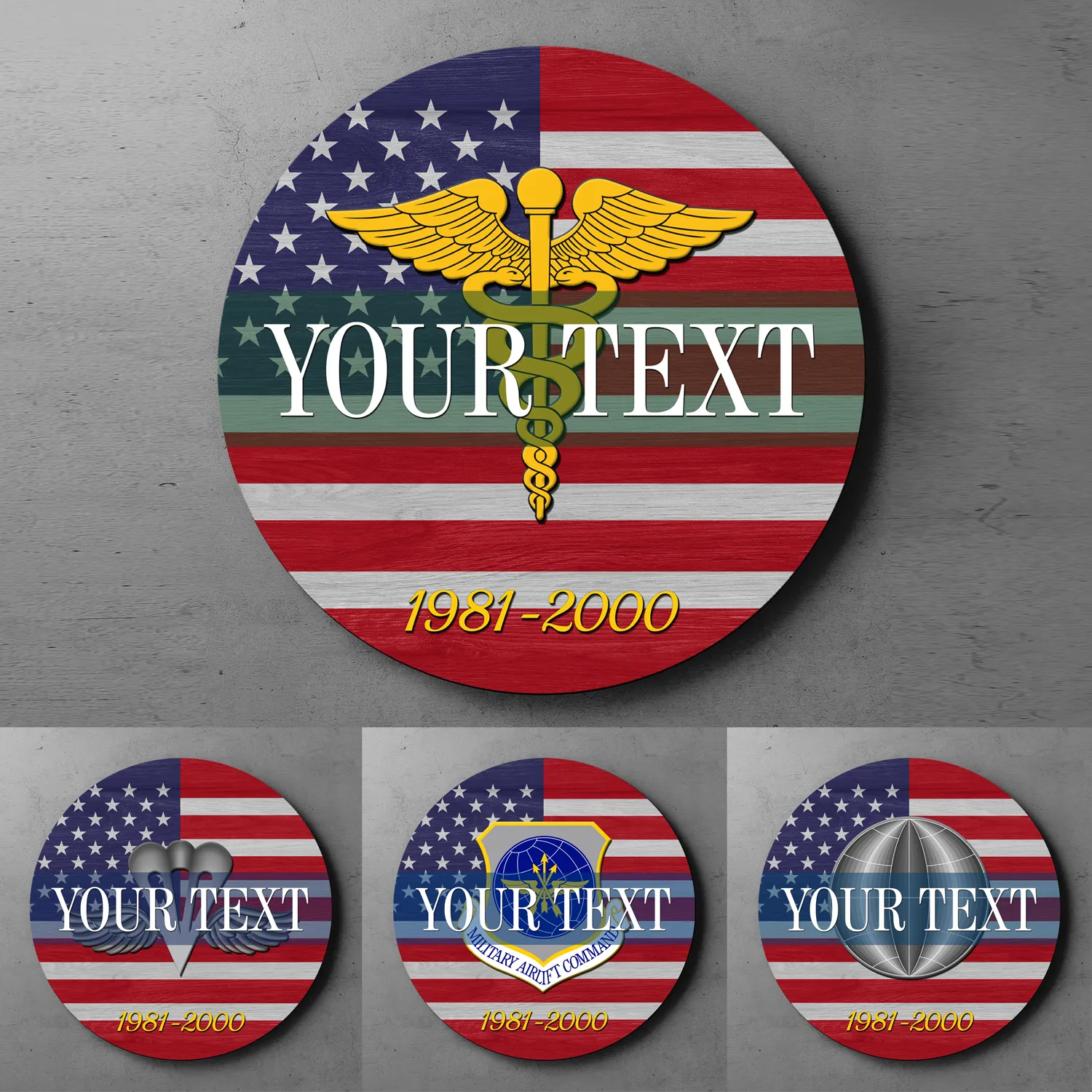 Custom Round Wood Sign, USA Flag With Military Ranks/Insignia - Personalized Name & Ranks