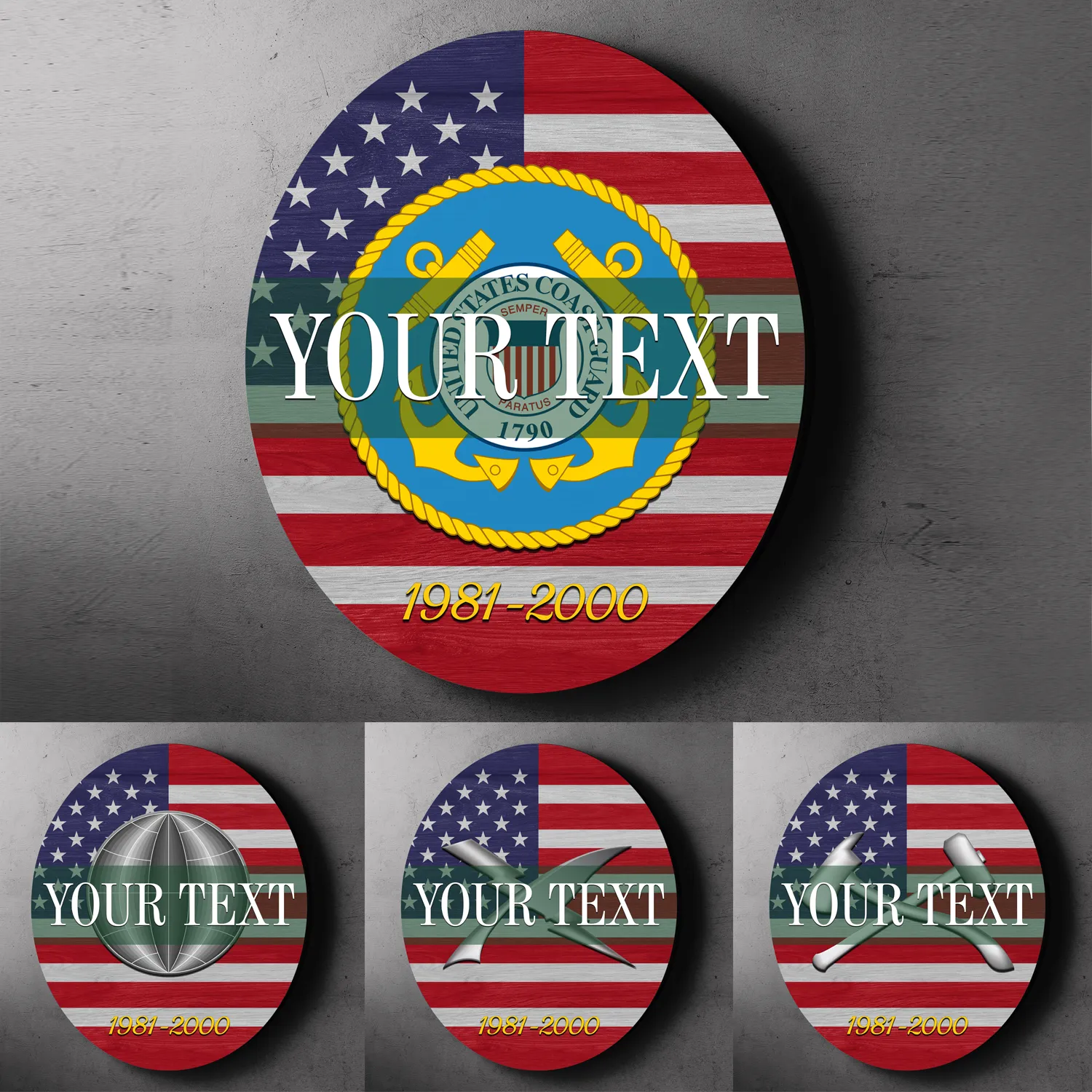 Custom Round Wood Sign, USA Flag With Military Ranks/Insignia - Personalized Name & Ranks