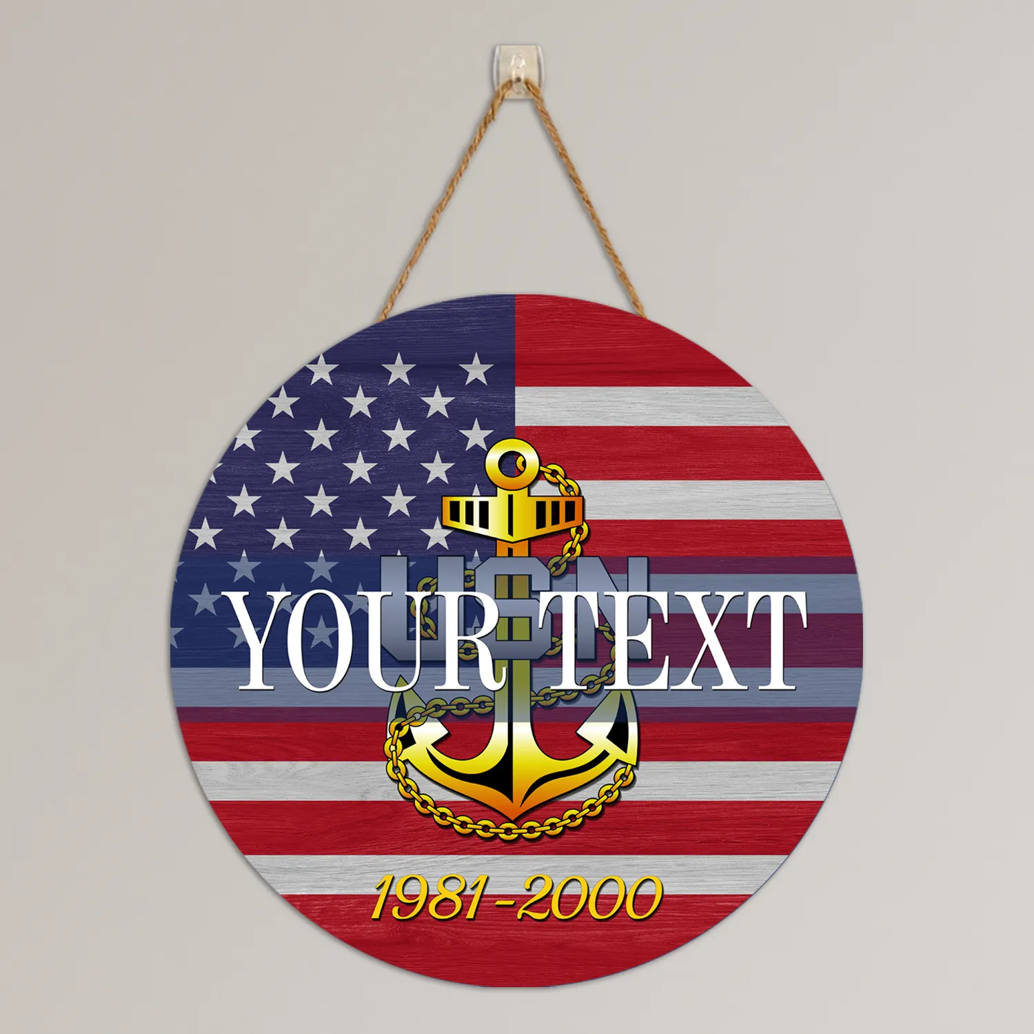 Custom Round Wood Sign, USA Flag With Military Ranks/Insignia - Personalized Name & Ranks