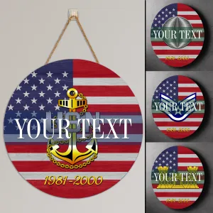 Custom Round Wood Sign, USA Flag With Military Ranks/Insignia - Personalized Name & Ranks