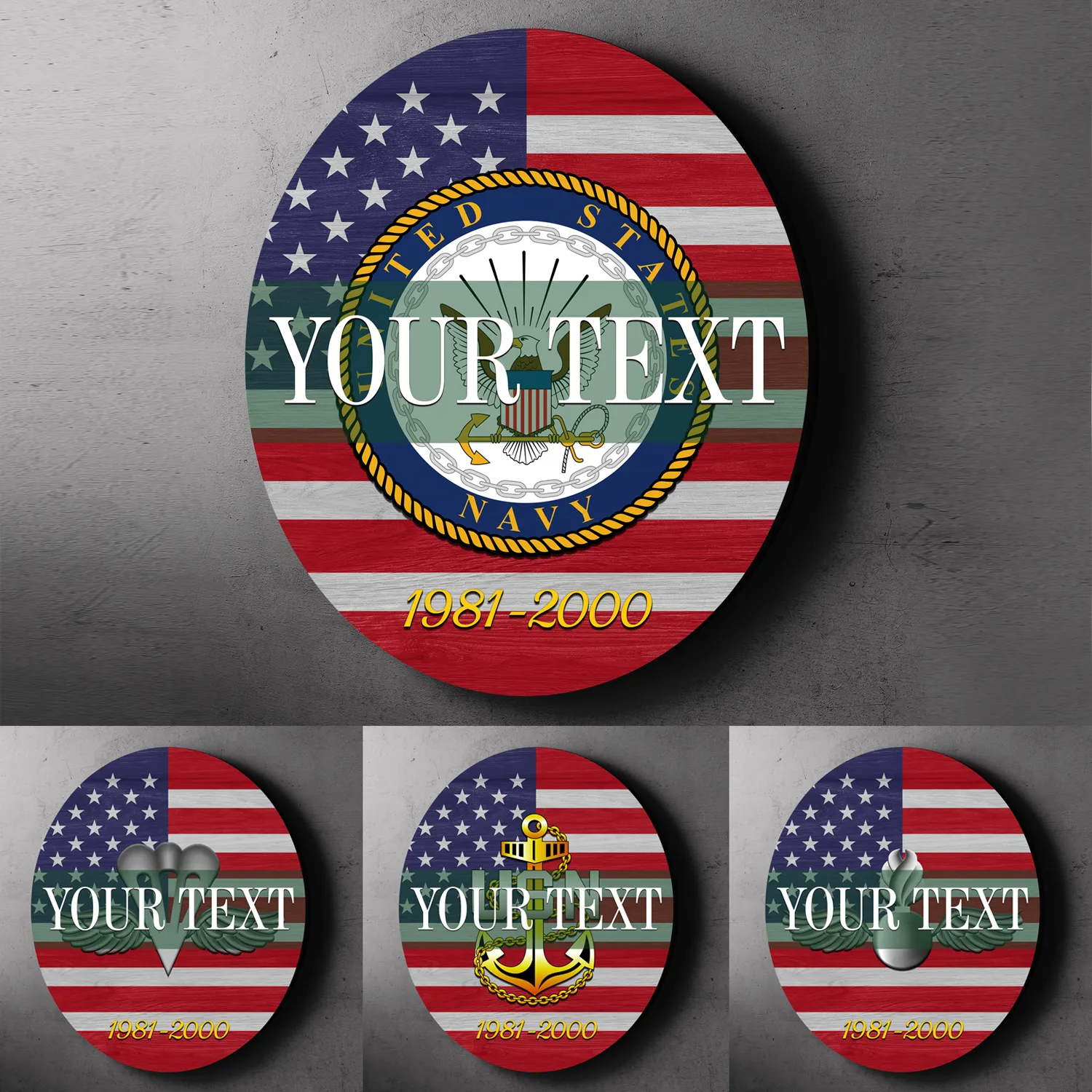 Custom Round Wood Sign, USA Flag With Military Ranks/Insignia - Personalized Name & Ranks
