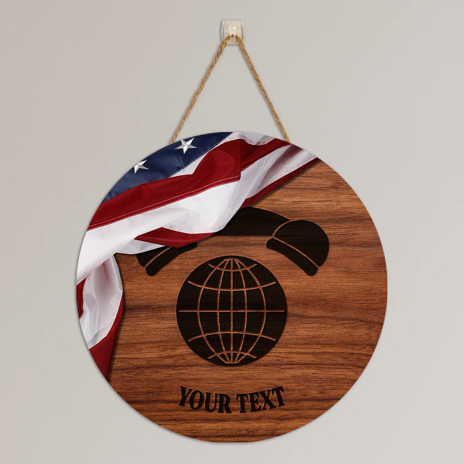 Custom Round Wood Sign, USA Flag With Military Ranks/Insignia, Personalized Text