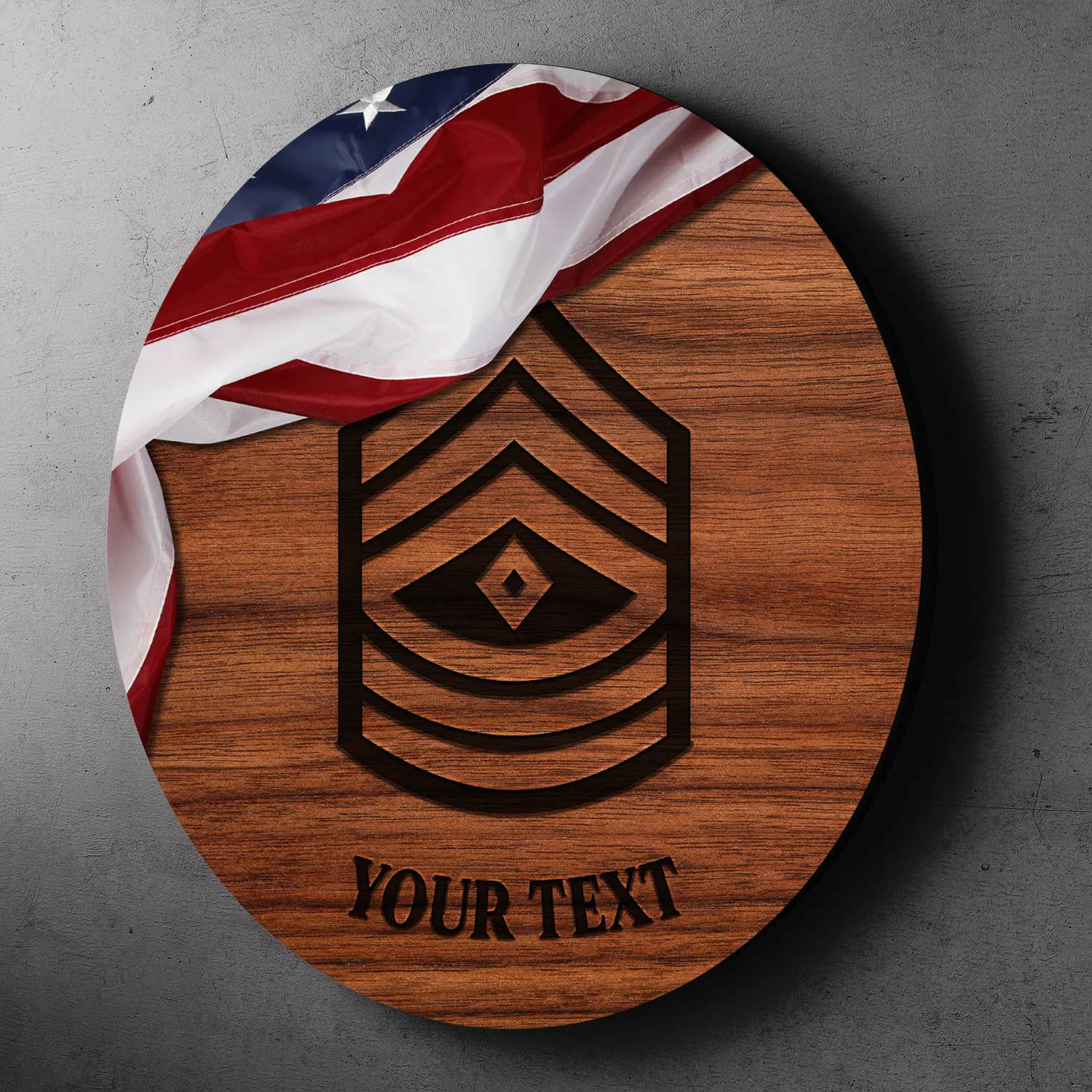 Custom Round Wood Sign, USA Flag With Military Ranks/Insignia, Personalized Text